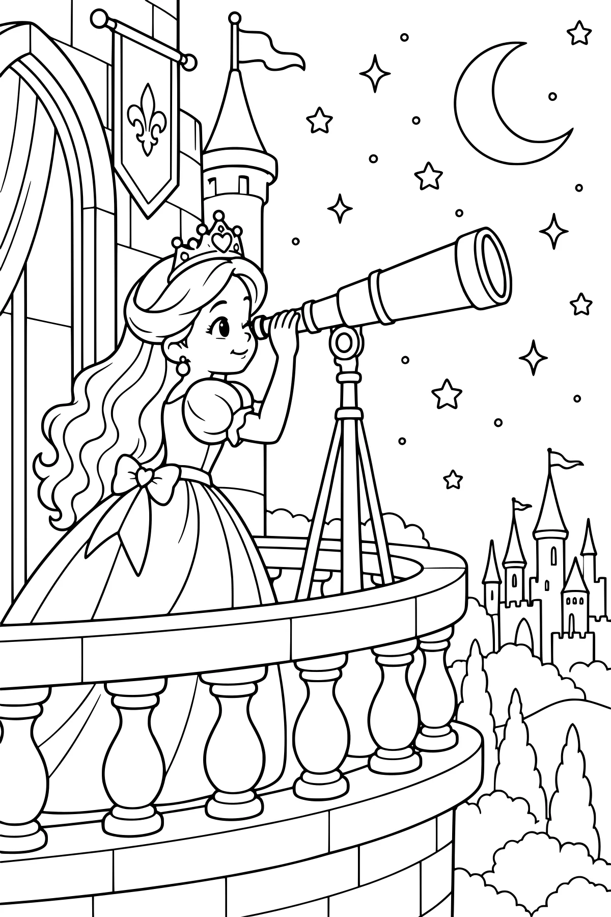 Crowned princess using a telescope on a castle balcony beneath a crescent moon and stars, with distant towers and treetops.