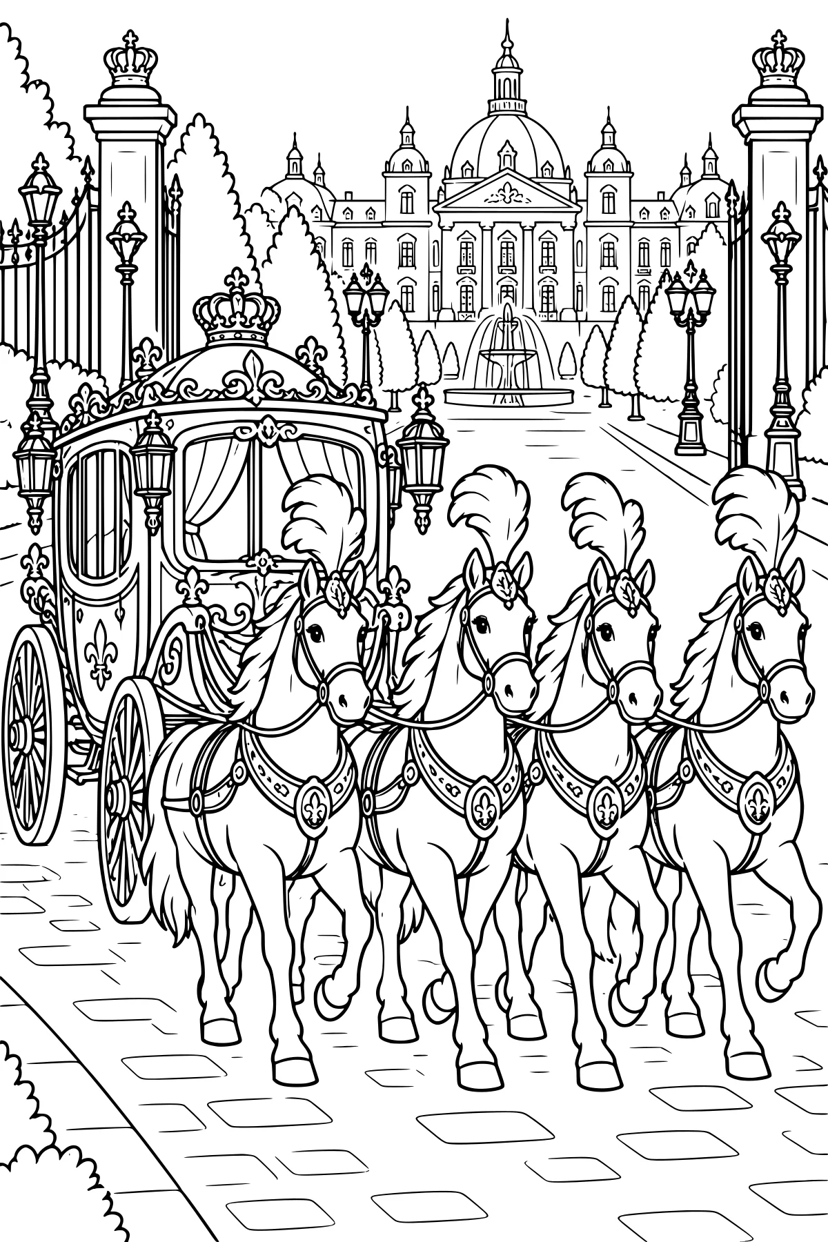 Four plumed horses pull an ornate royal carriage through open gates toward a domed palace, with lanterns, trees, and a fountain lining the paved drive.