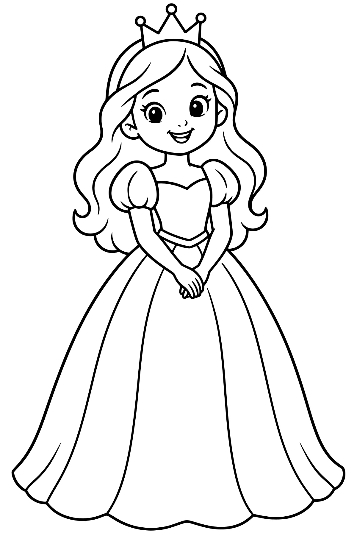 Princess with long wavy hair, a pointed crown, puffed sleeves, clasped hands, and a floor-length paneled gown.