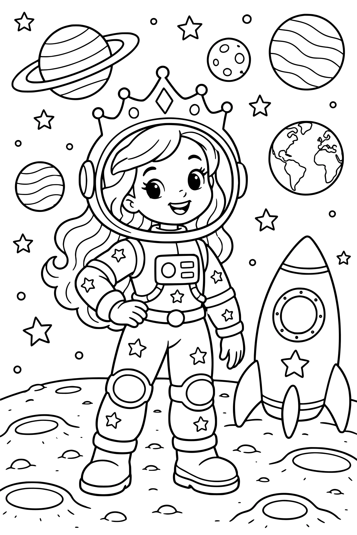 Crowned space princess in a helmet and spacesuit standing beside a rocket on the cratered moon, with Earth, stars, and planets overhead.