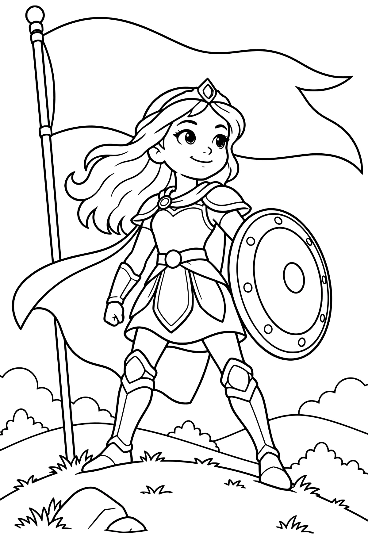 Armored warrior princess with flowing hair holding a round shield beside a large banner on a grassy hill.