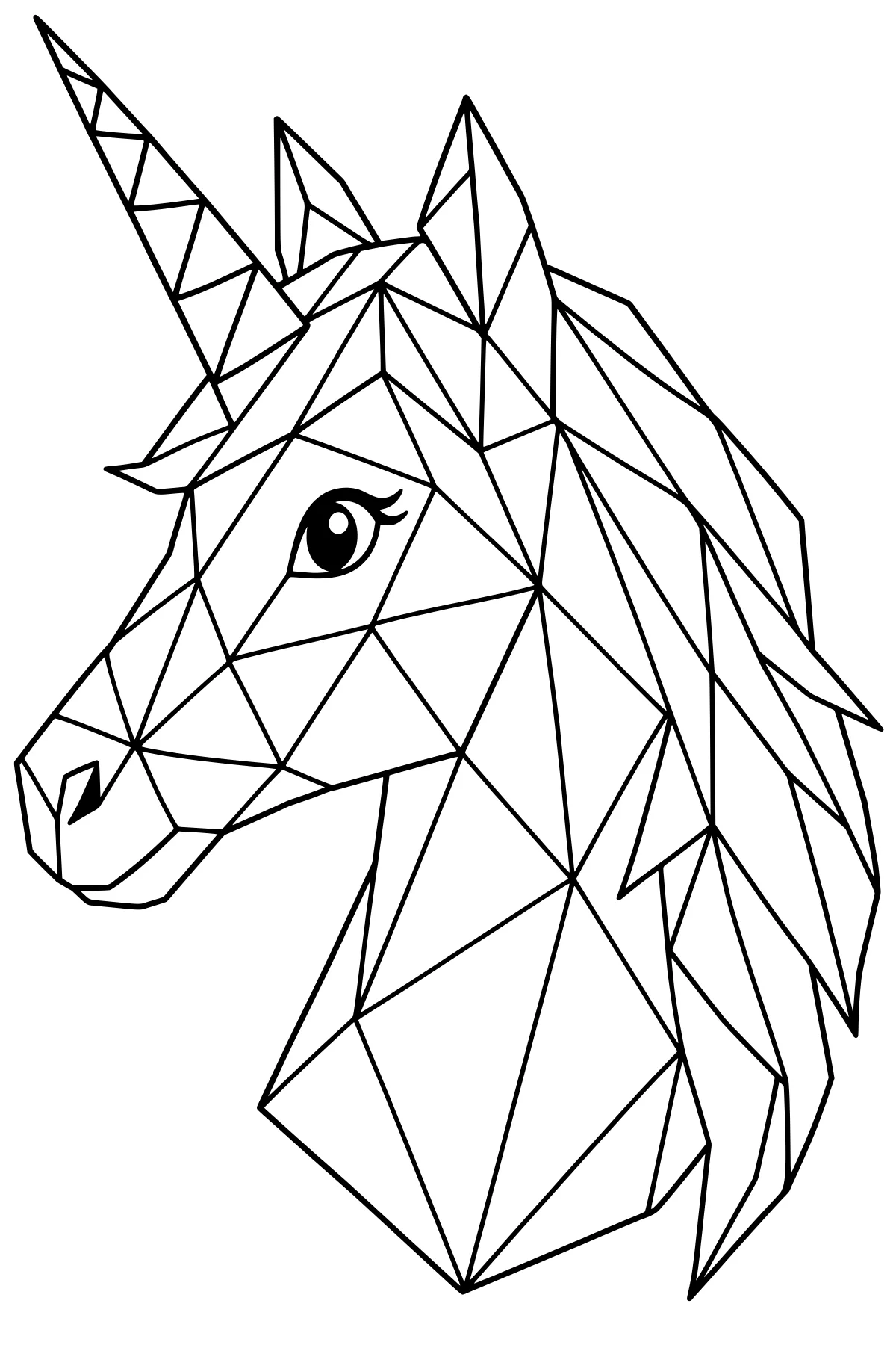 Side-profile unicorn head formed from polygonal sections, with a long segmented horn, pointed ears, a large eye, and an angular layered mane.