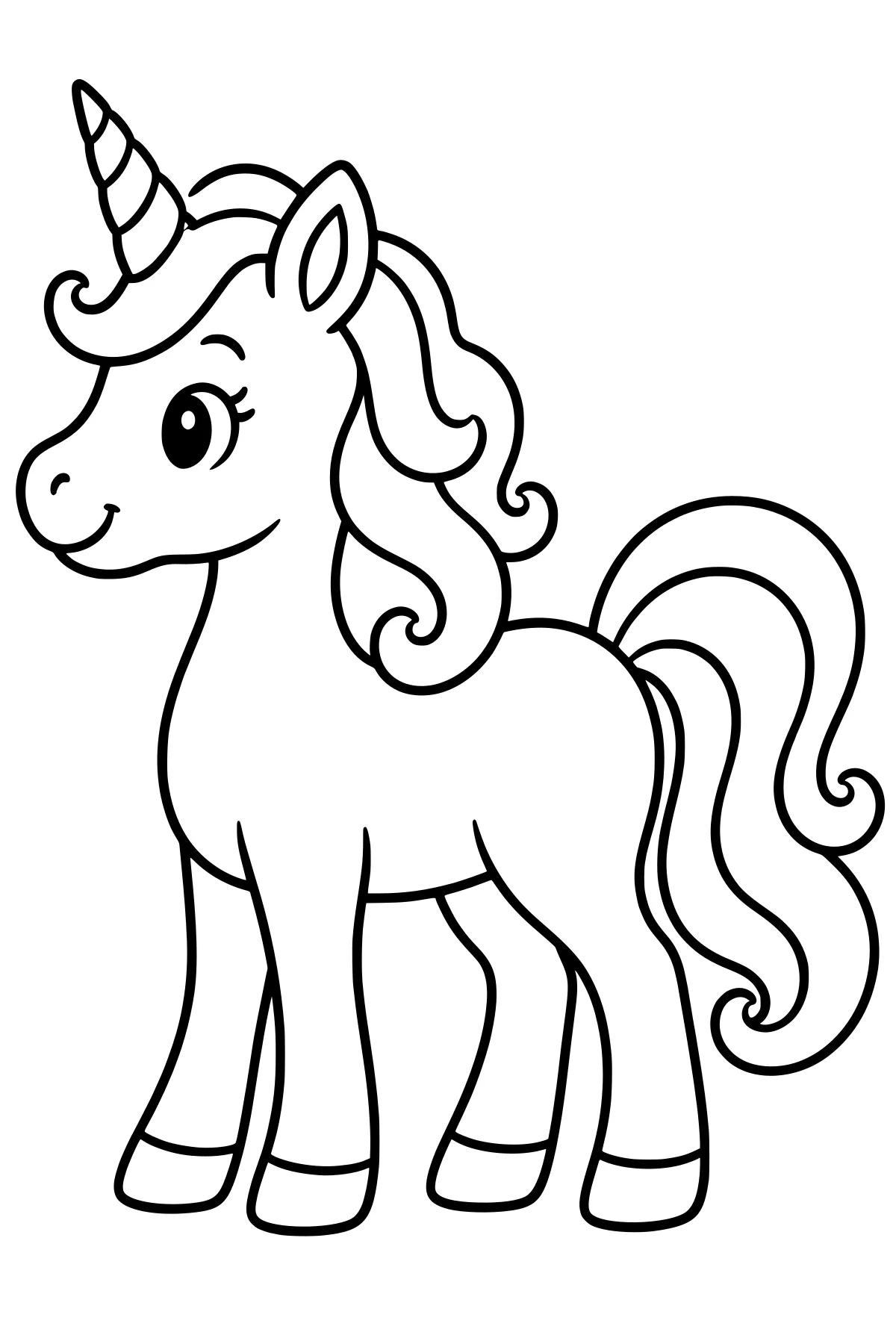 Standing unicorn in side view with a spiral horn, large eye, pointed ear, curled mane, flowing tail, and rounded hooves.