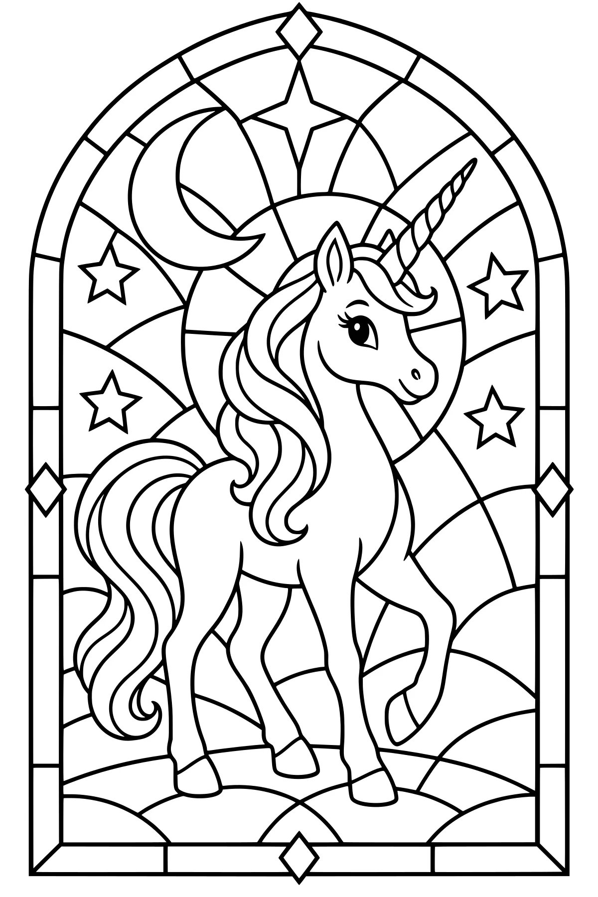 Unicorn with a spiral horn and flowing mane standing in an arched stained-glass frame with stars, a crescent moon, curved panes and diamond accents.
