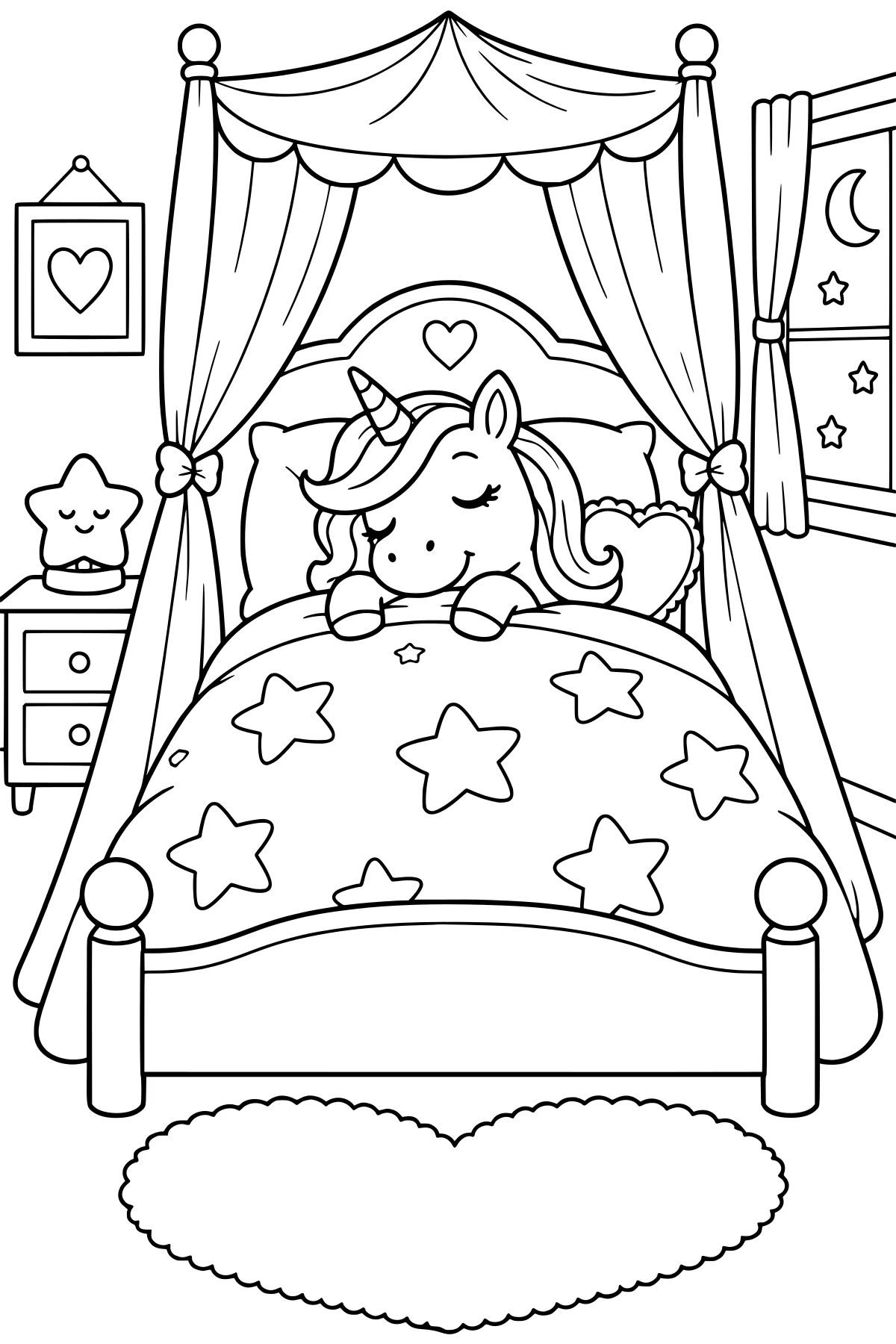Sleeping unicorn tucked into a curtained canopy bed with a star-covered blanket, pillows, heart decorations, a bedside cabinet, and a moonlit window.