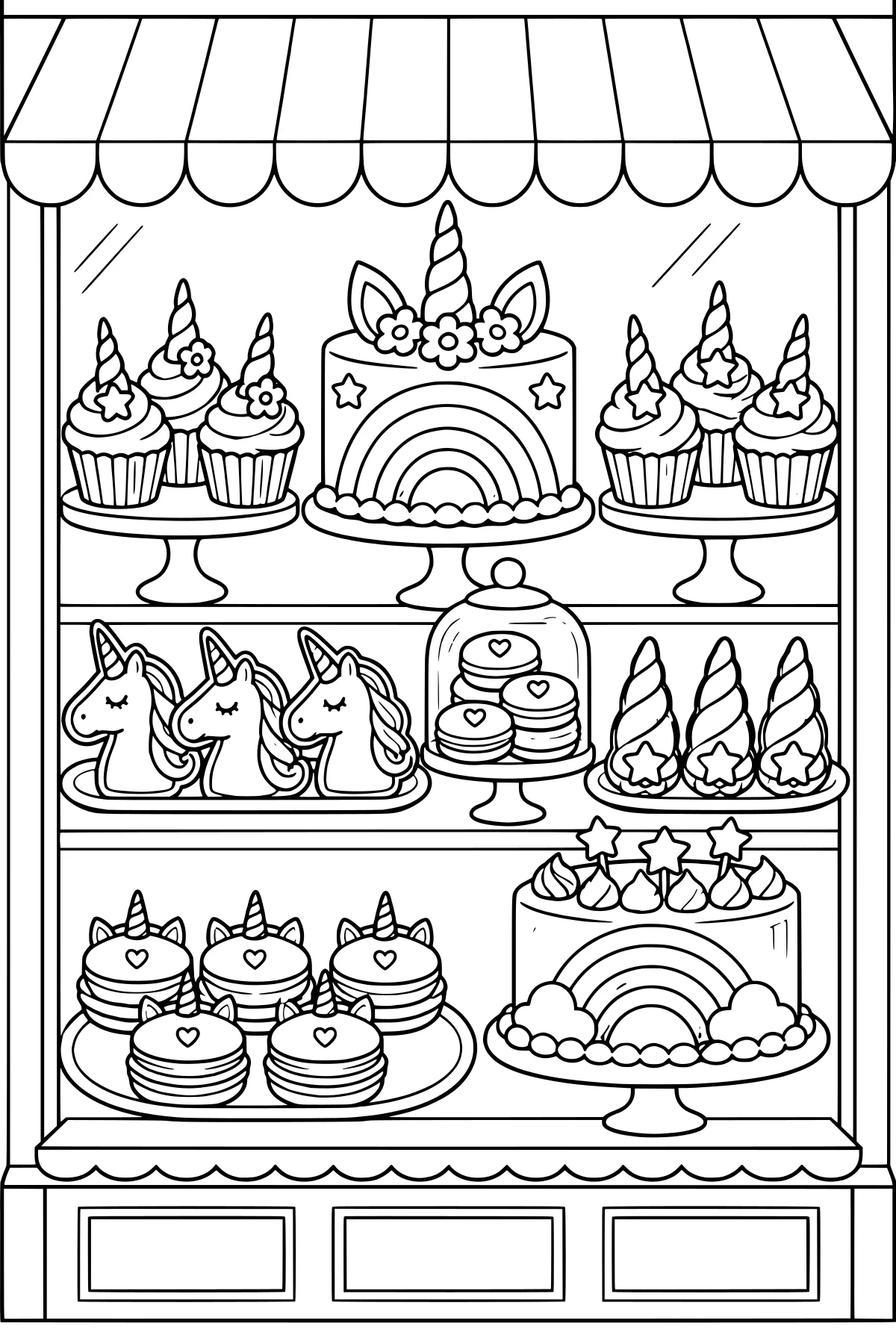 Bakery window filled with unicorn-themed cakes, cupcakes, cookies, pastries, rainbows, stars, hearts, flowers, and clouds on shelves and stands.