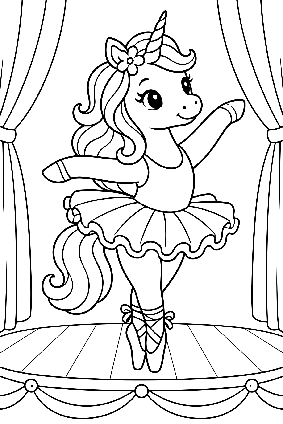 Unicorn ballerina in a ruffled tutu and ballet slippers posing on a stage between curtains, with a flower by the horn and flowing mane and tail.