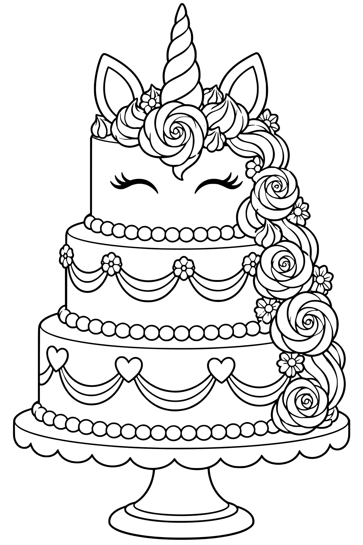 Tiered cake on a pedestal with a spiral unicorn horn, pointed ears, closed lashes, roses, blossoms, hearts, bead borders, and draped icing.