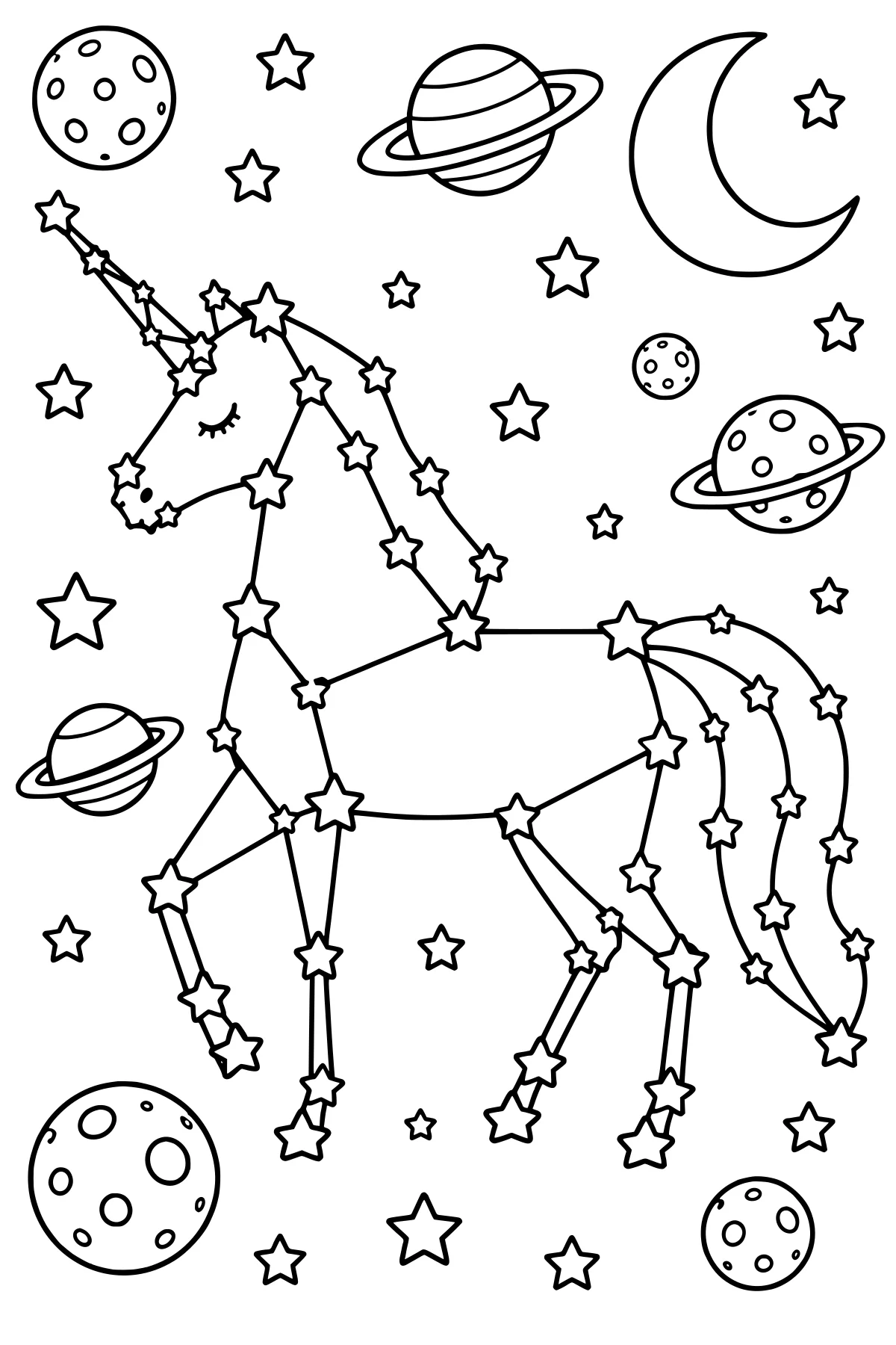 Star-outlined unicorn with a closed eye, long horn, straight legs, and flowing tail, surrounded by stars, a crescent moon, ringed planets, and cratered moons.