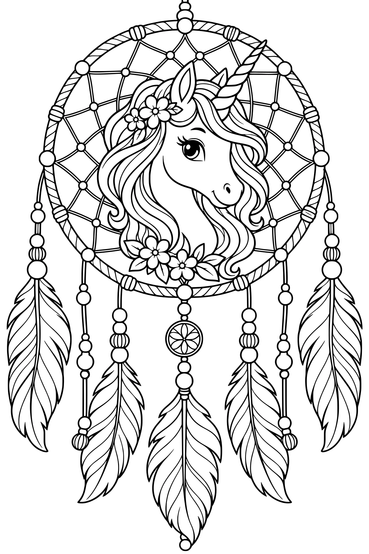 Unicorn head with a flowing mane and floral accents inside a woven dream catcher, surrounded by beads and hanging feathers.
