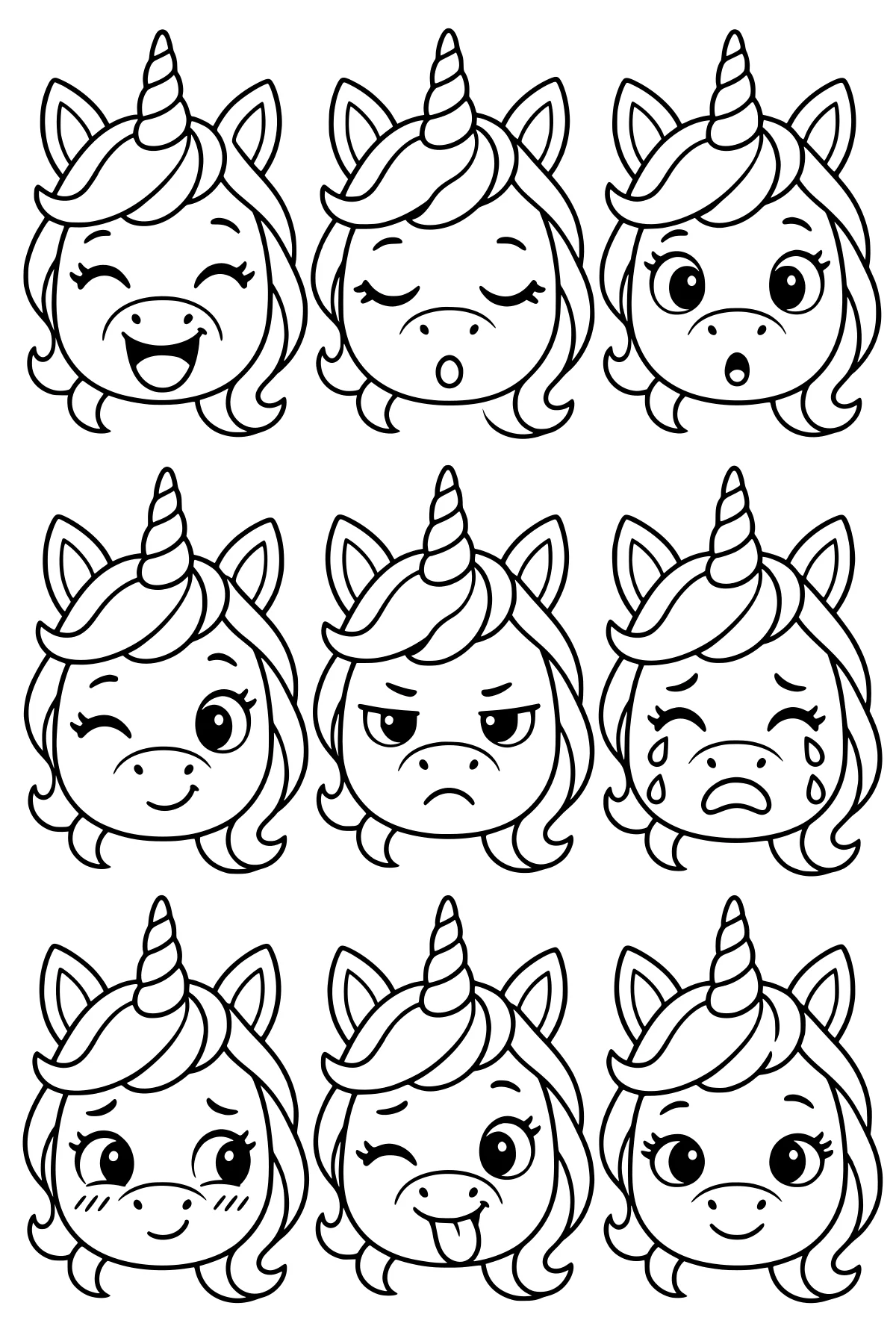 Nine unicorn heads in a grid with spiral horns, flowing manes, and varied expressions such as laughing, winking, frowning, crying, and sticking out a tongue.