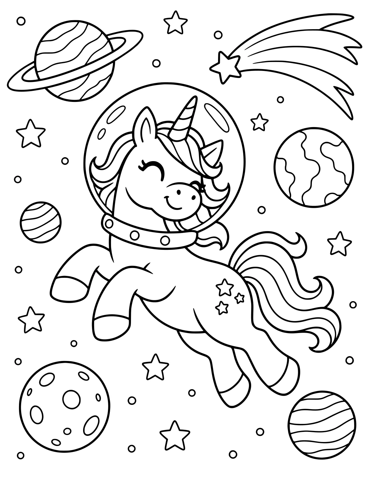Unicorn floating in a space helmet among planets, stars, small circles, and a shooting star, with a flowing mane and curled tail.