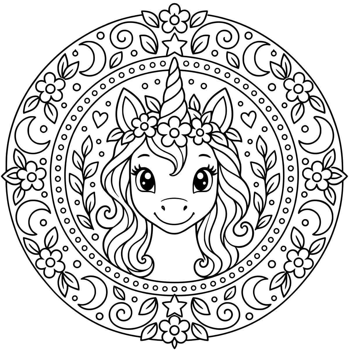 Unicorn head with a spiraled horn, flowing mane, and flower crown inside a circular design of leaves, blossoms, crescents, stars, hearts, dots, and curls.