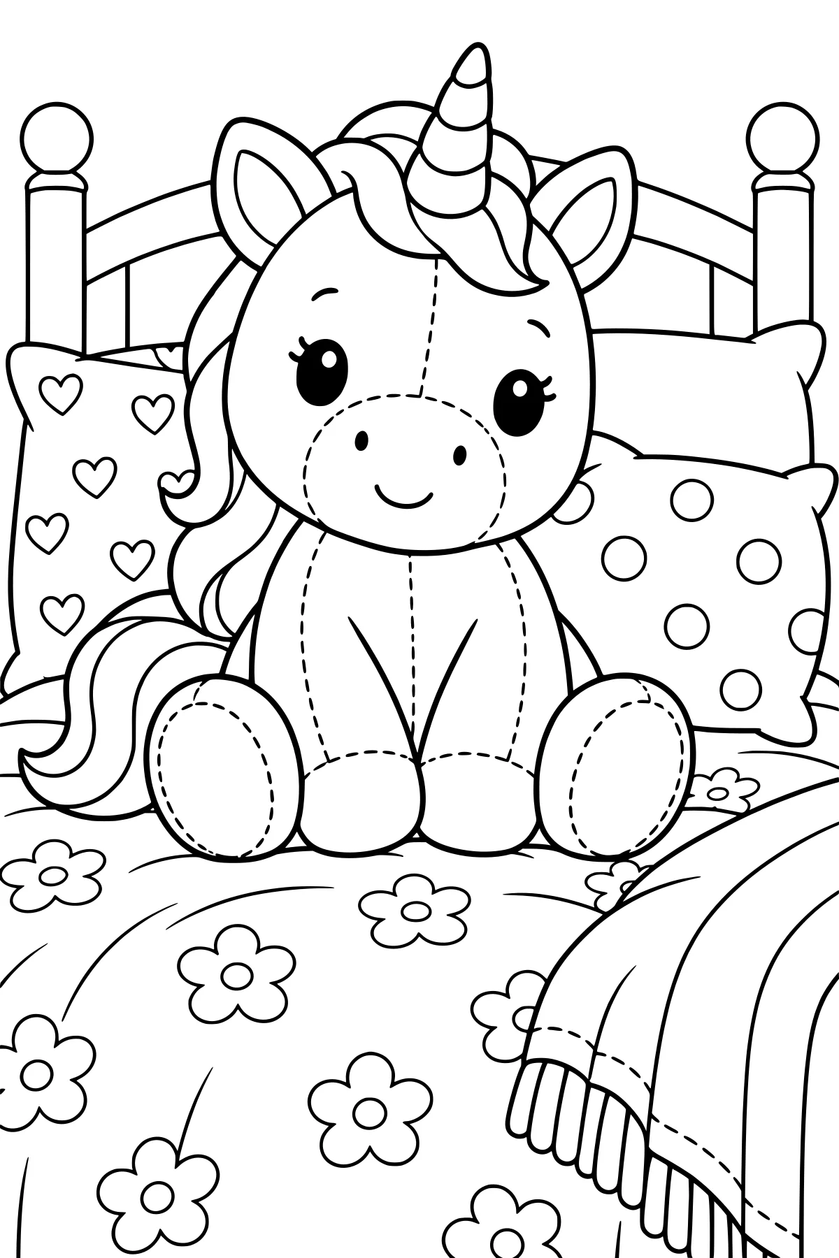 Stitched unicorn plush toy sitting on a bed with heart and dot pillows, a floral bedspread, curved headboard, and fringed striped blanket.
