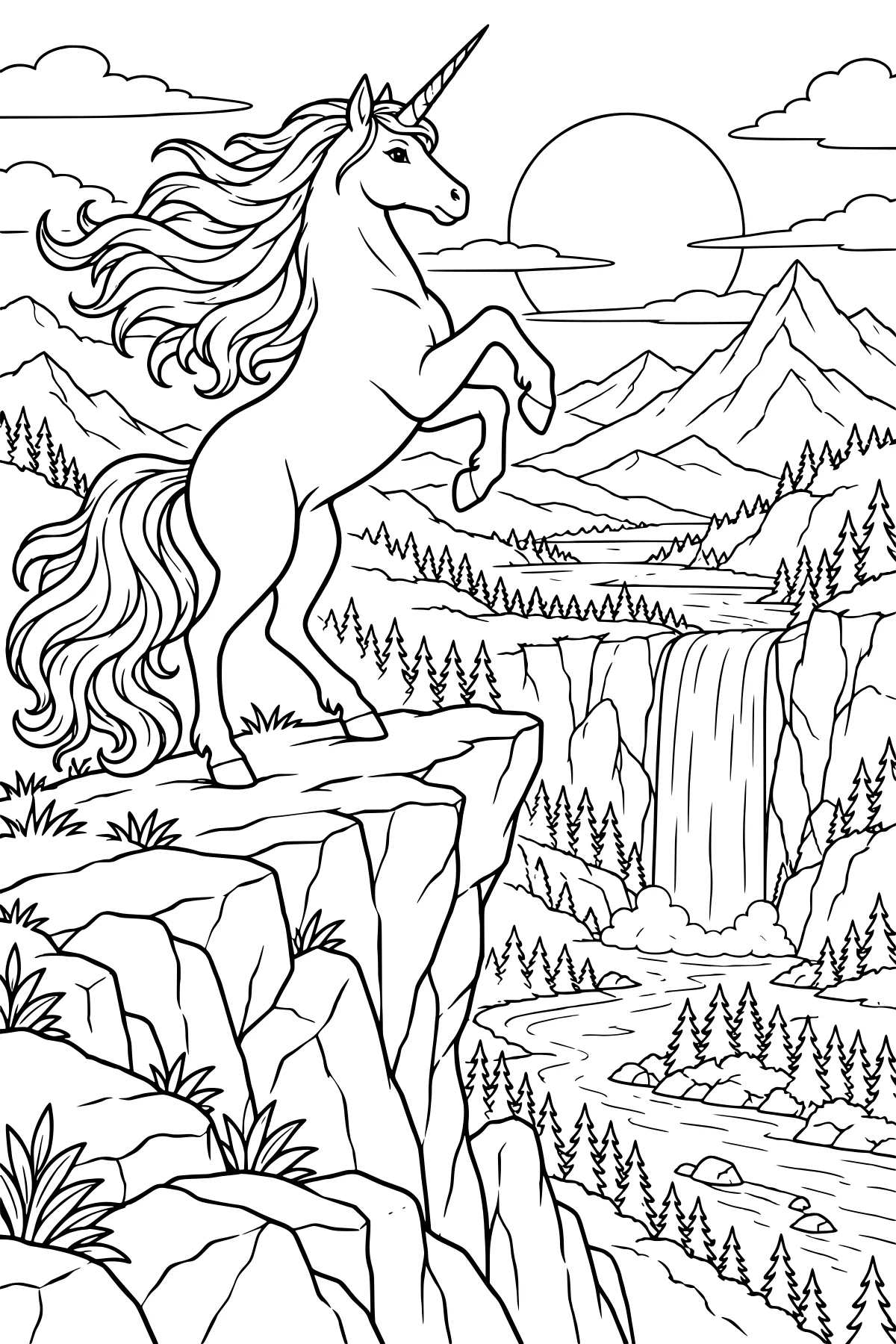 Rearing unicorn on a rocky cliff overlooking a waterfall, winding river, pine forest, distant mountains, clouds, and a low sun.