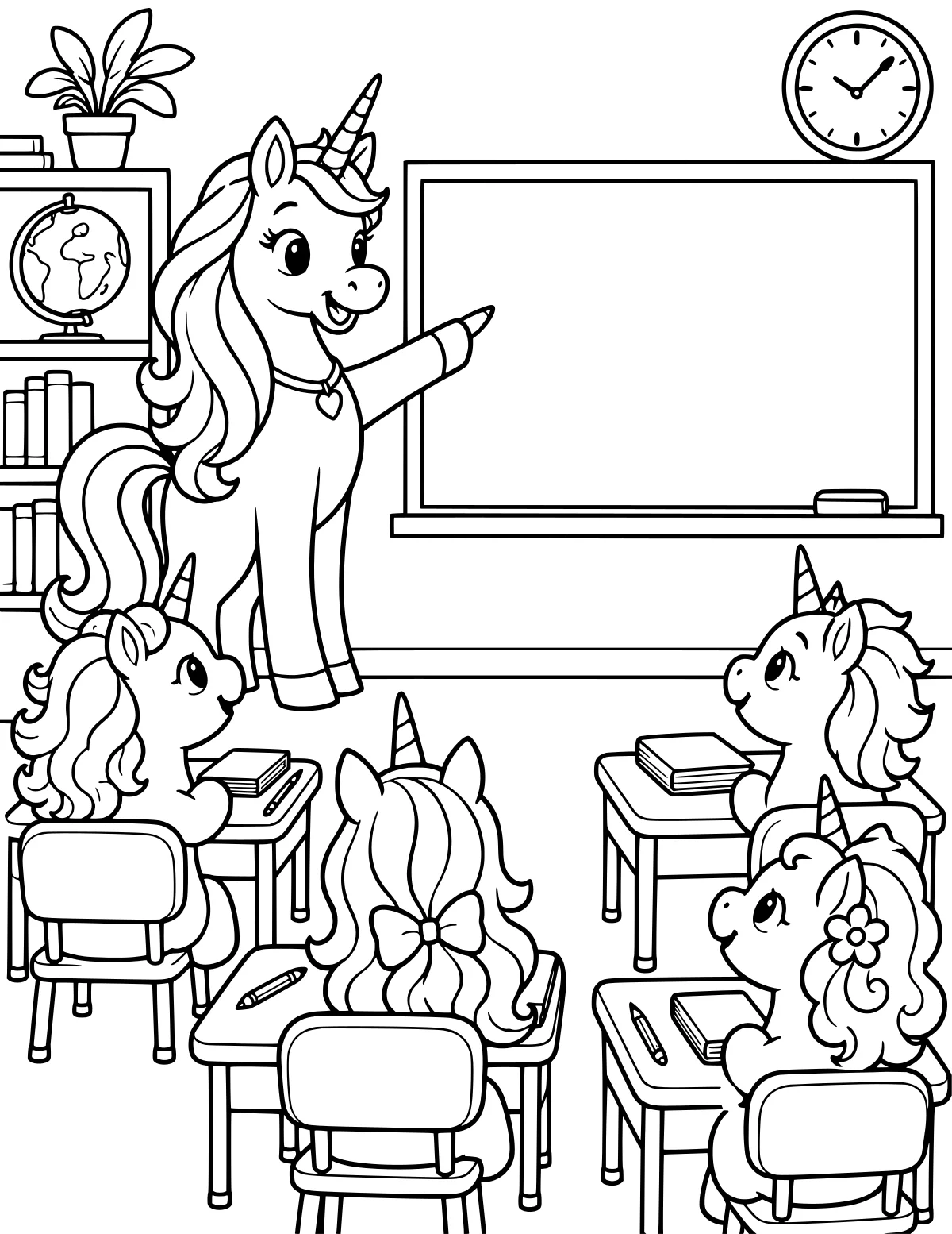 Unicorn teacher pointing at a blank board in a classroom with unicorn students seated at desks, plus bookshelves, a globe, a plant, and a clock.
