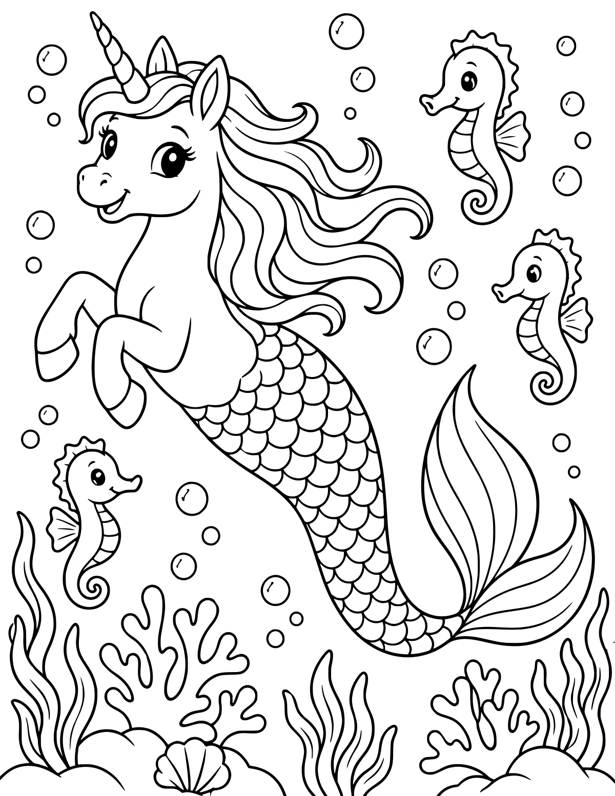 Horned unicorn with a flowing mane, scaled mermaid tail, and broad fins surrounded by seahorses, bubbles, coral, seaweed, rocks, and a shell.