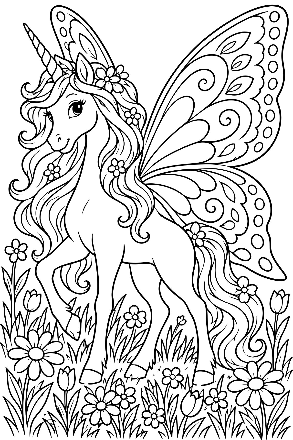 Winged unicorn with a spiraled horn, flowing mane and tail, floral decorations, patterned butterfly wings, and meadow flowers.