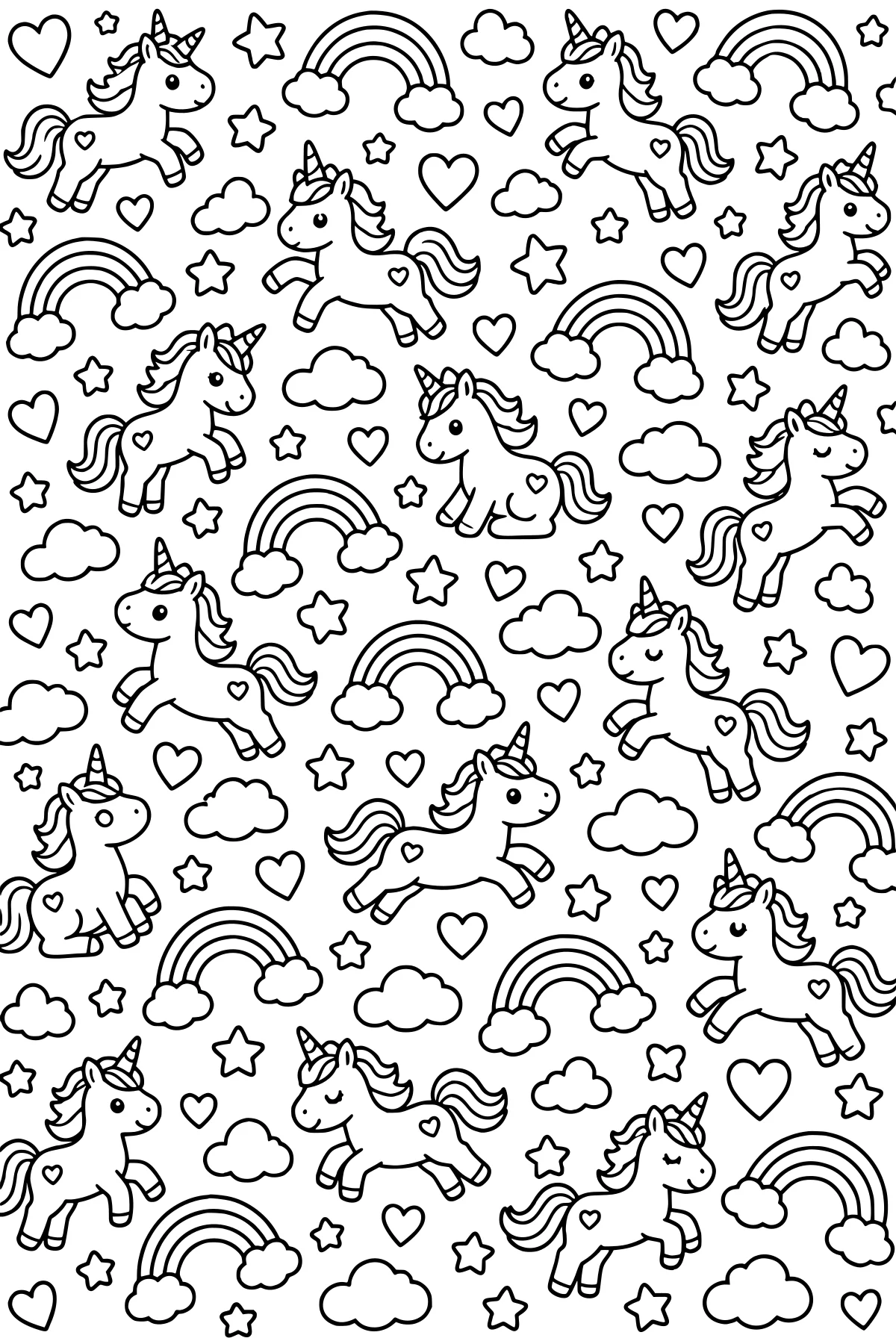 Unicorns in varied poses surrounded by arched rainbows, clouds, stars, and hearts, with striped horns, flowing manes, curled tails, and heart markings.