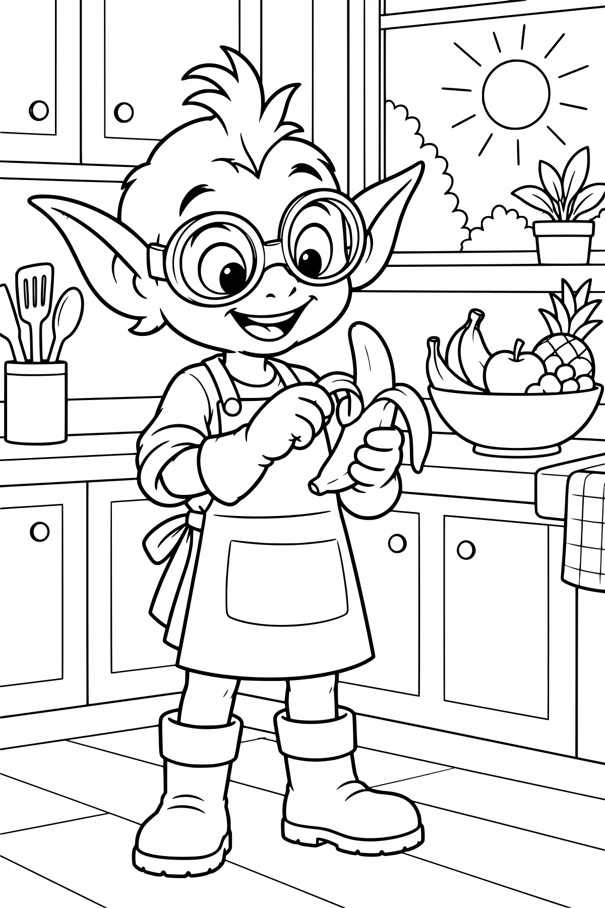 Cartoon elf with glasses peeling a banana in a kitchen with a fruit bowl