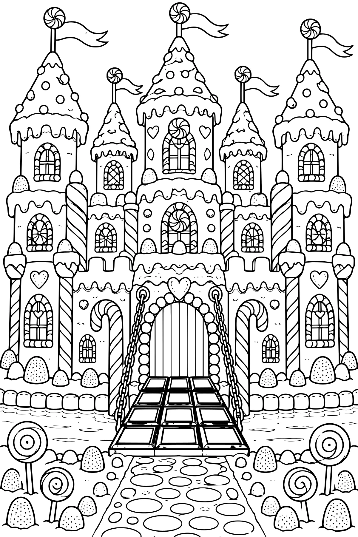 Gingerbread castle with icing-covered towers, arched windows, candy canes, peppermint swirls, lollipop flags, gumdrops, a tiled drawbridge, and a candy-lined path.