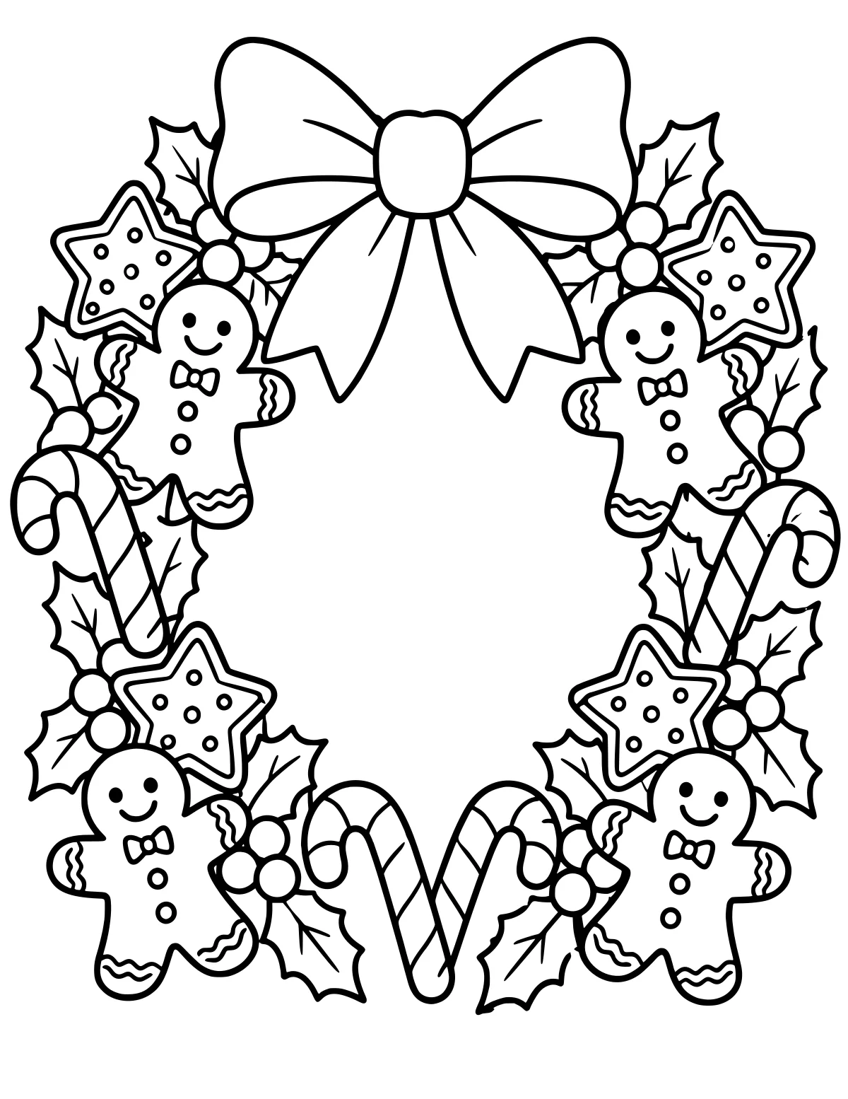 Line art of a holiday wreath with gingerbread figures, star cookies, candy canes, holly, berries, and a large bow surrounding an open center.