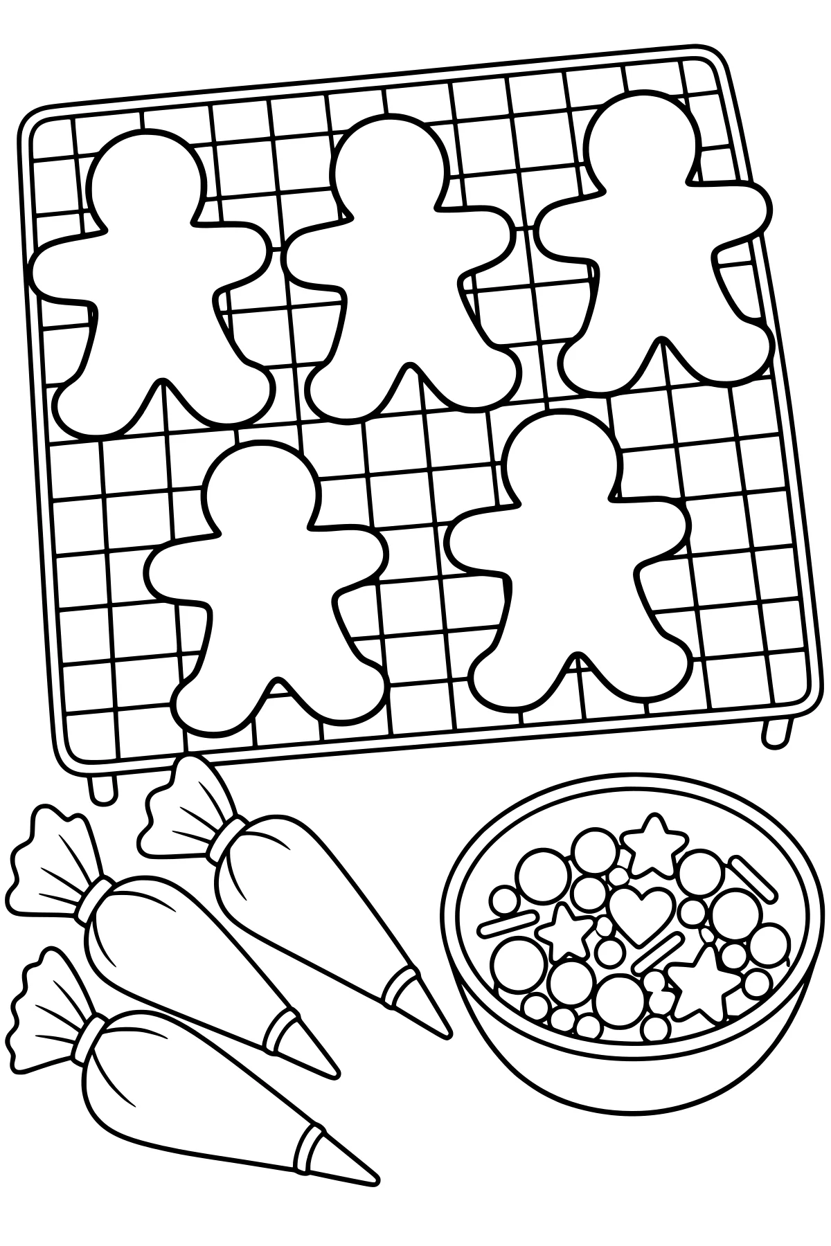 Gingerbread-person-shaped cookies on a gridded cooling rack with piping bags and a bowl of assorted decorations below.