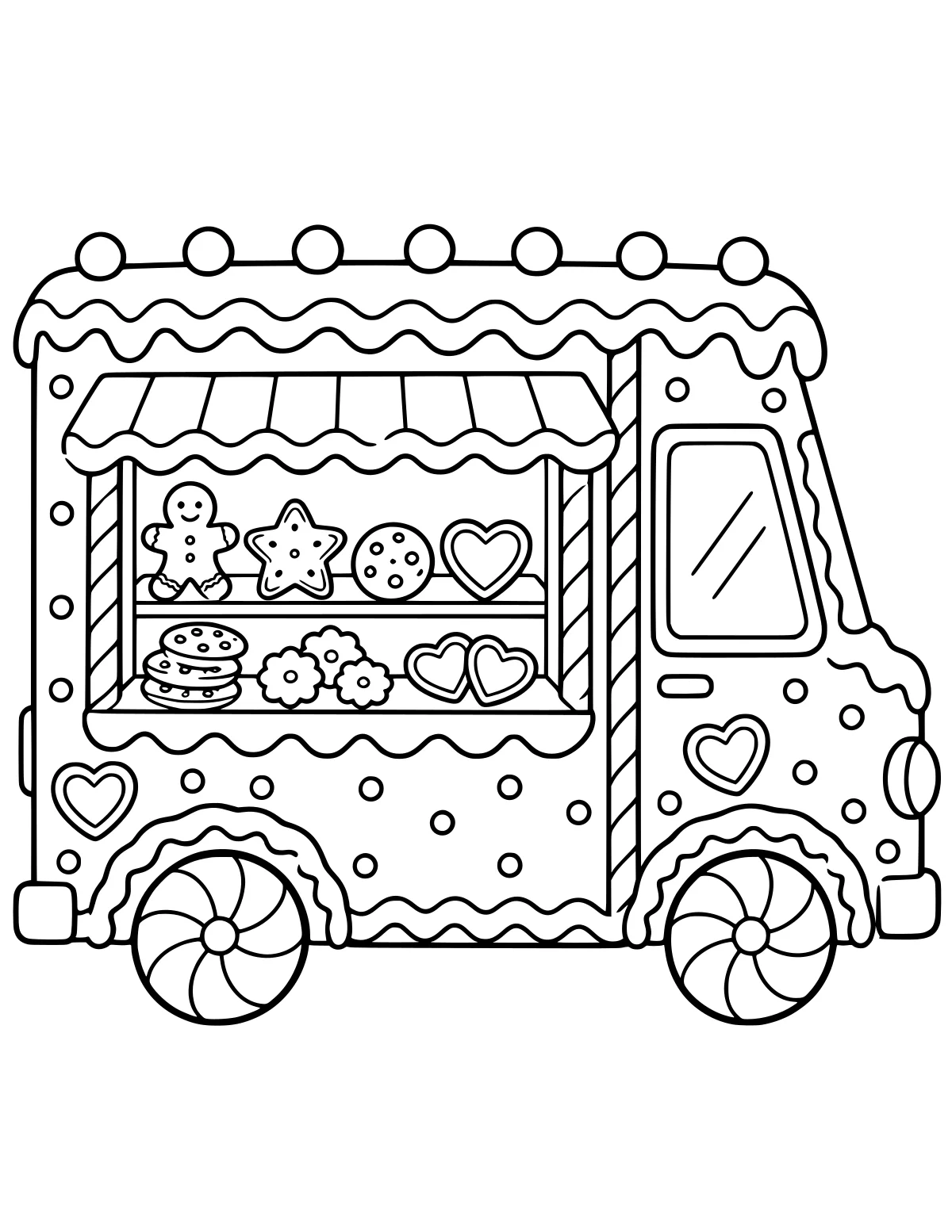 Gingerbread-style food truck with icing trim, striped posts, swirled wheels, and cookies displayed in an open serving window.