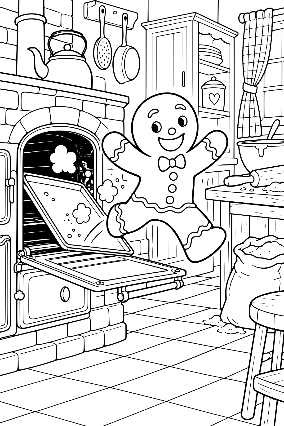 Gingerbread man jumping from an open brick oven in a kitchen with a kettle, utensils, cabinet, rolling pin, flour sack, and tiled floor.