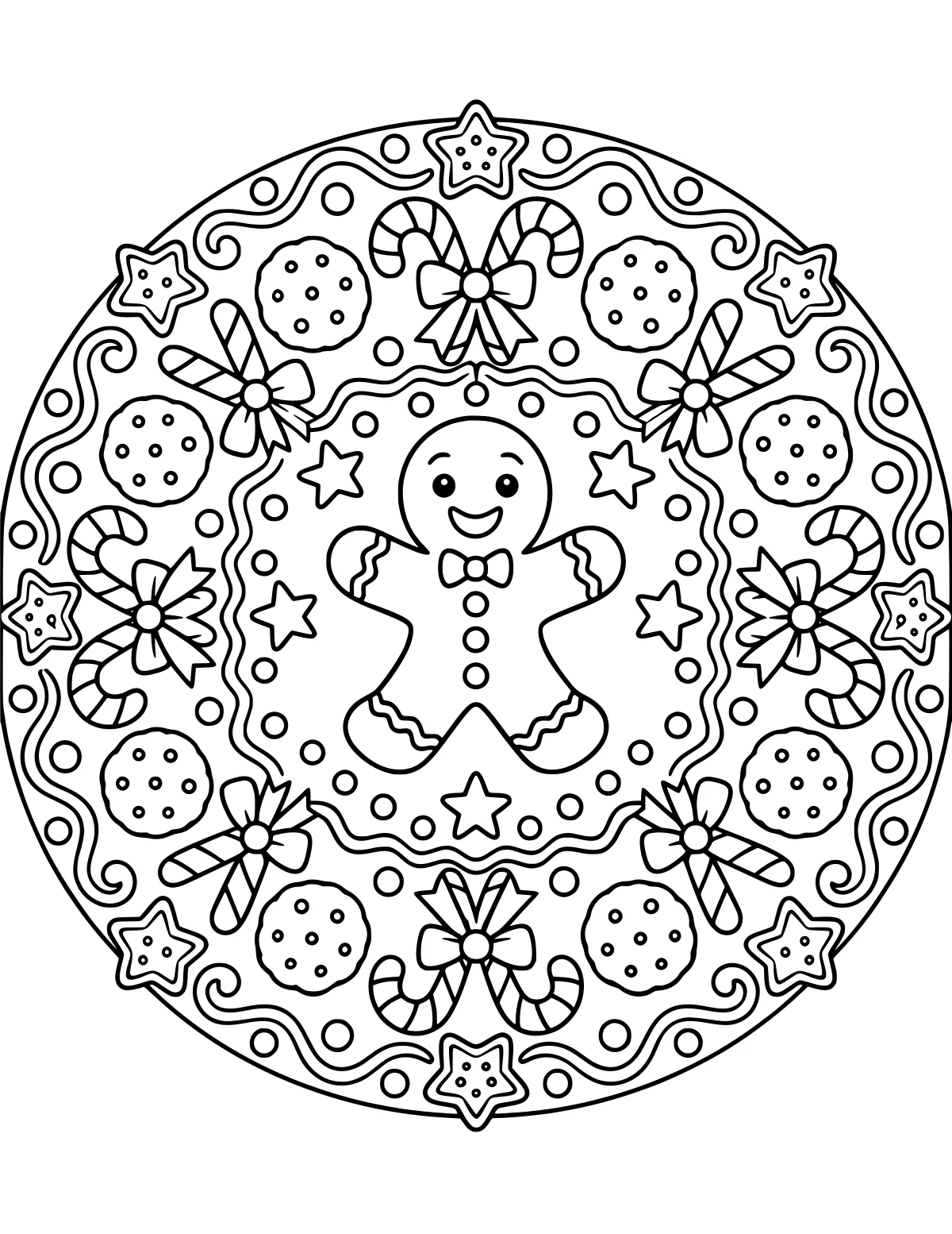 Smiling gingerbread man centered inside a circular arrangement of candy canes, bows, round cookies, stars, dots, and curling icing patterns.