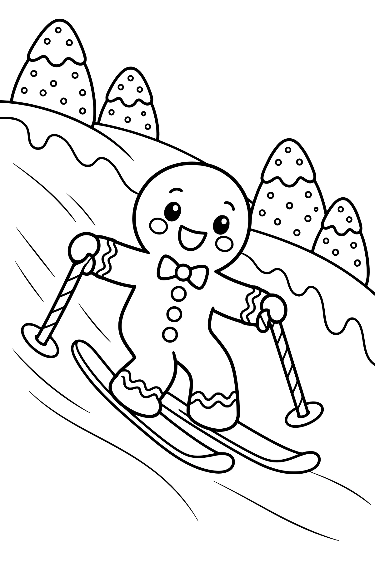 Gingerbread man skiing on a snowy slope with striped poles, curved skis, a bow tie, buttons, icing trim, and snow-covered trees.