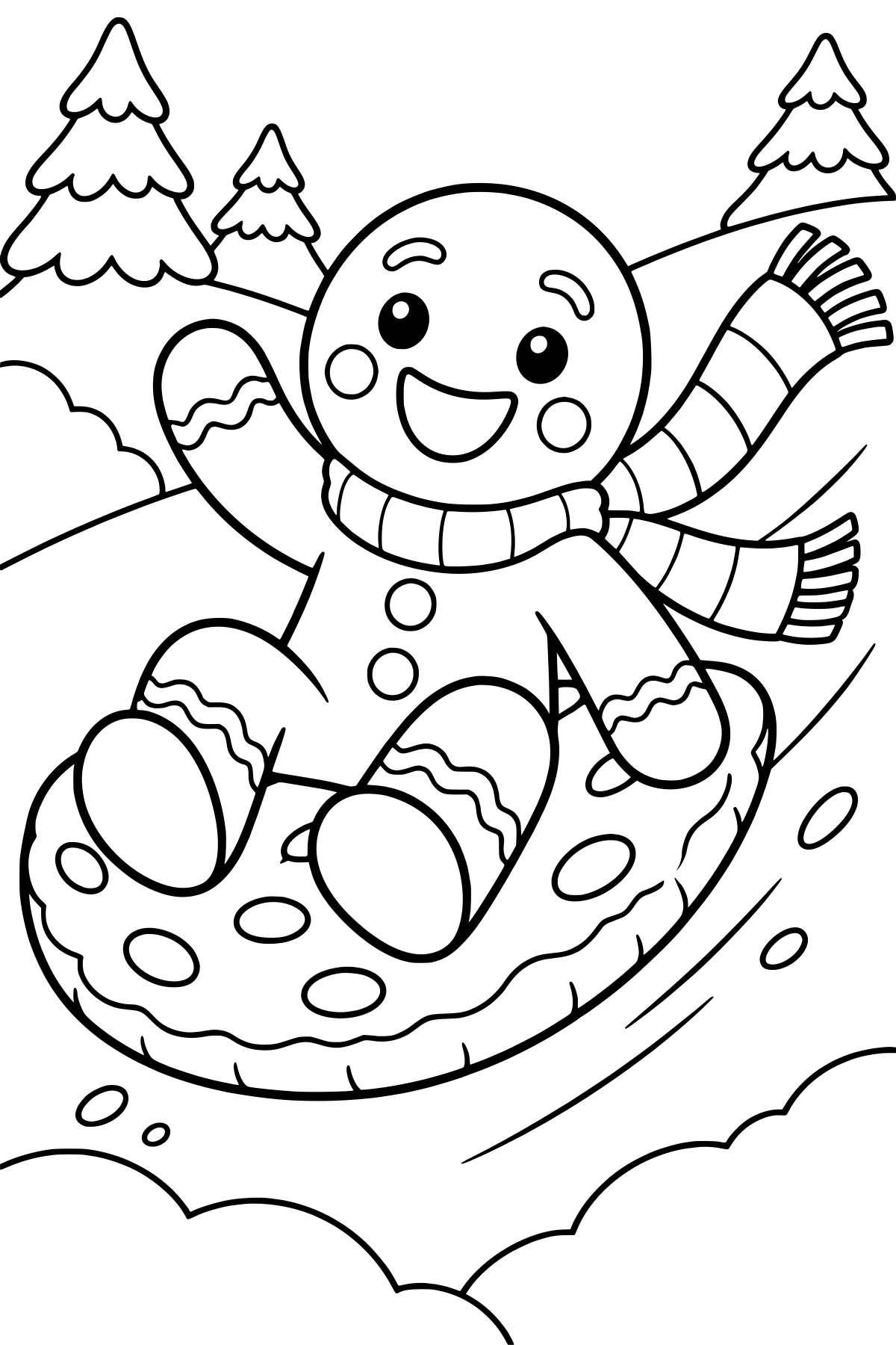 Gingerbread man in a striped scarf riding a round snow tube down a snowy hill with evergreen trees in the background.