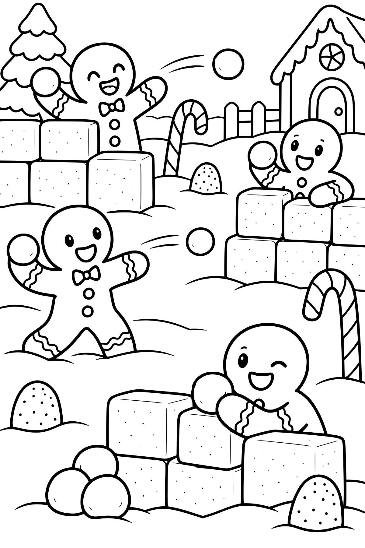 Gingerbread figures throwing snowballs near block forts, candy canes, evergreen trees, dotted dome shapes, and a small house in the snow.
