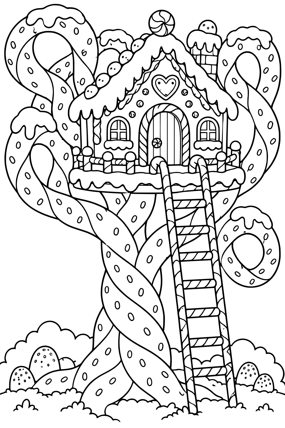 Black-and-white line art of a frosted gingerbread house on a twisting candy trunk, with a striped ladder, arched door, heart ornament, windows, chimney, and looping branches.