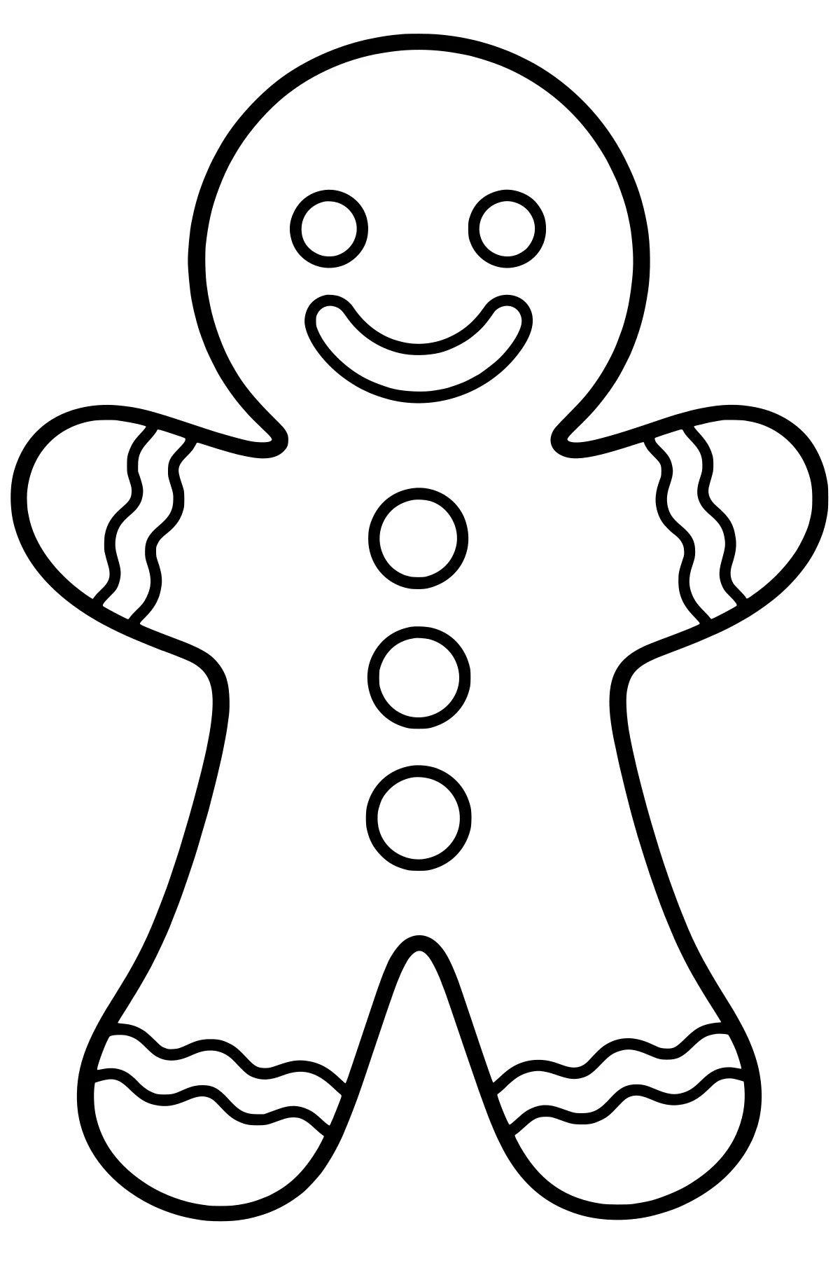 Simple gingerbread man with round eyes, a curved smile, circular buttons, and wavy icing bands on the arms and legs.