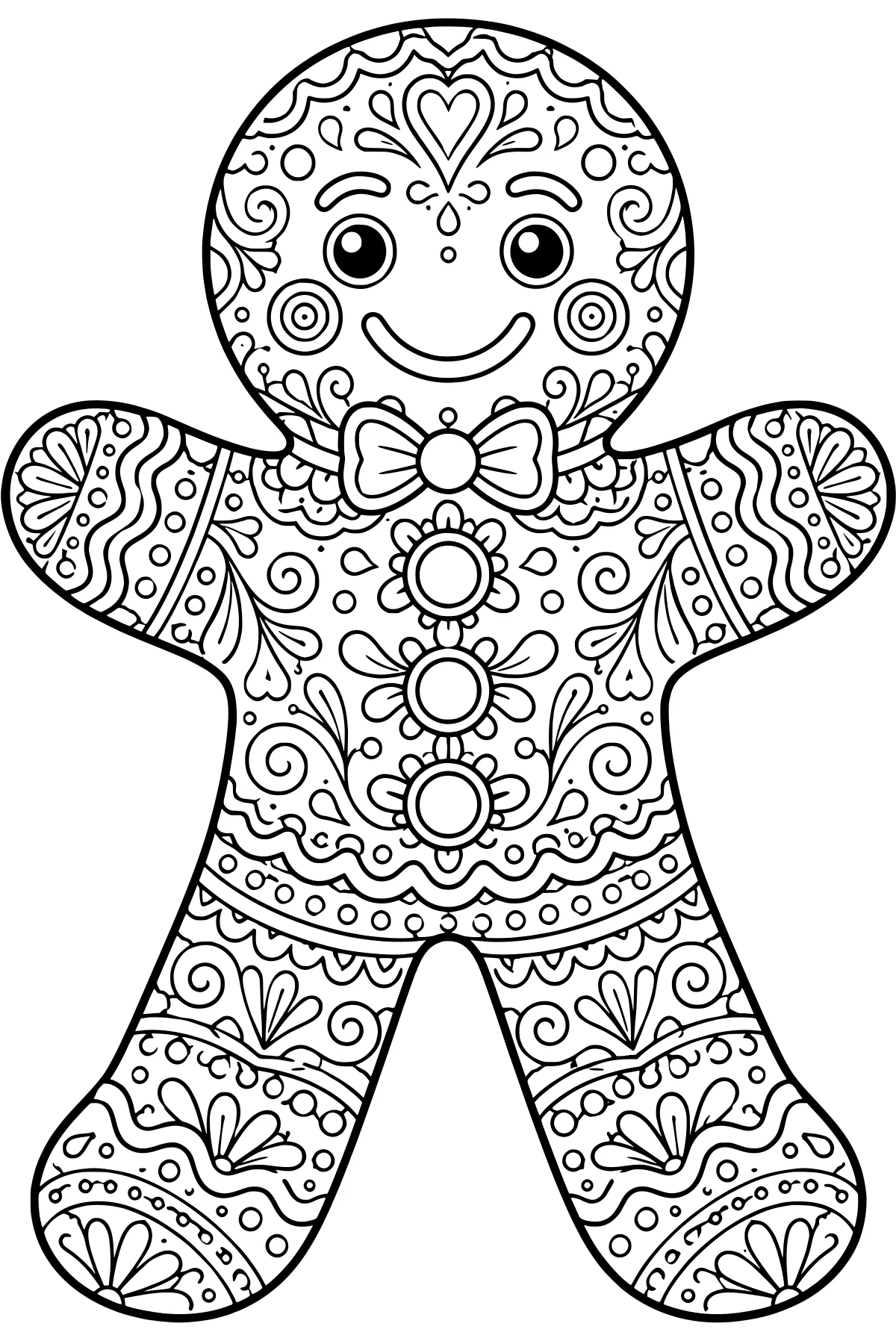 Gingerbread man with outstretched arms, a bow tie, flower-shaped buttons, a curved smile, and intricate swirls, petals, dots, scallops, and wavy patterns.
