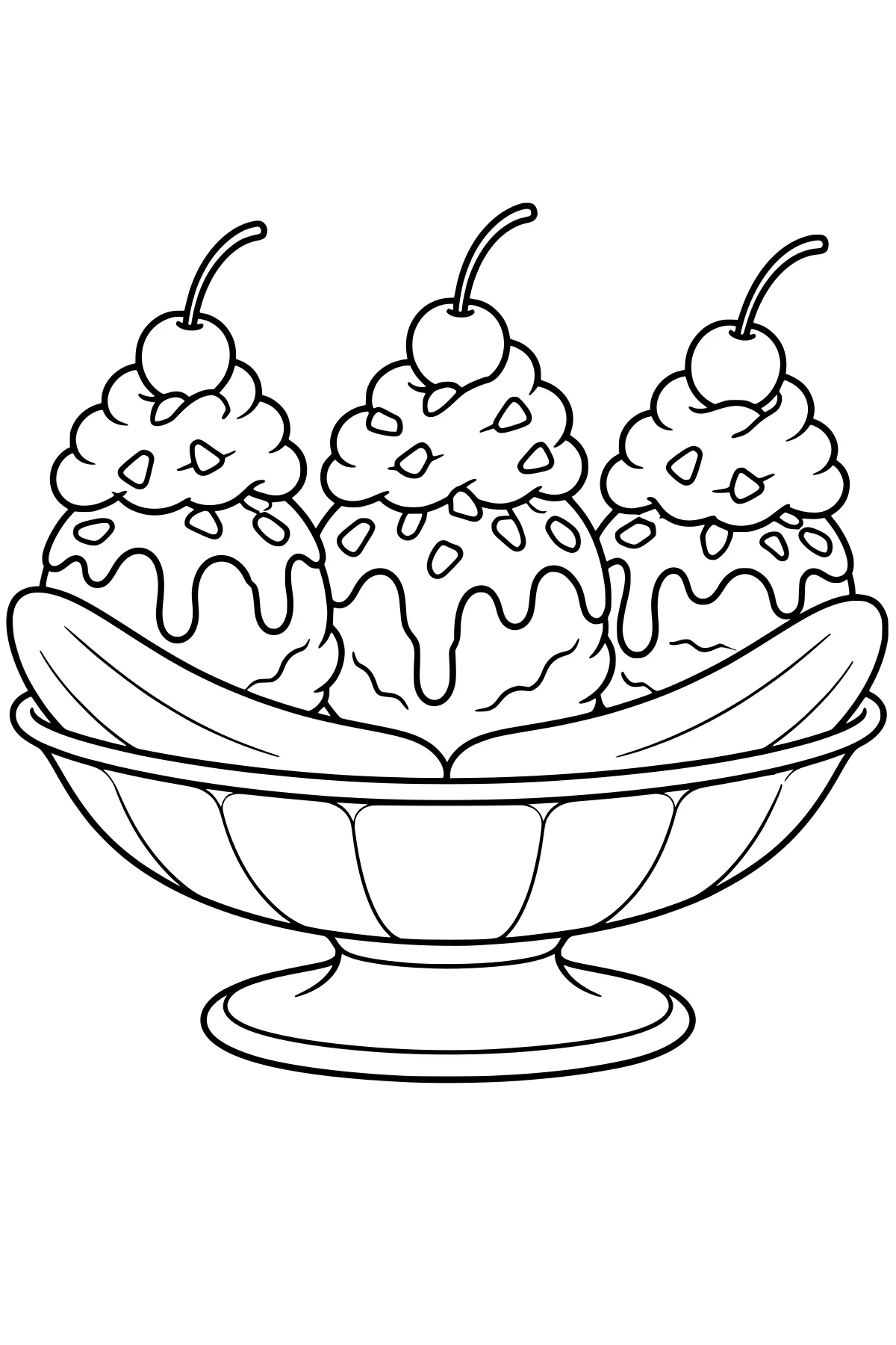 Banana sections curve around ice cream scoops in a footed dessert dish, topped with dripping sauce, fluffy dollops, small topping pieces, and stemmed cherries.