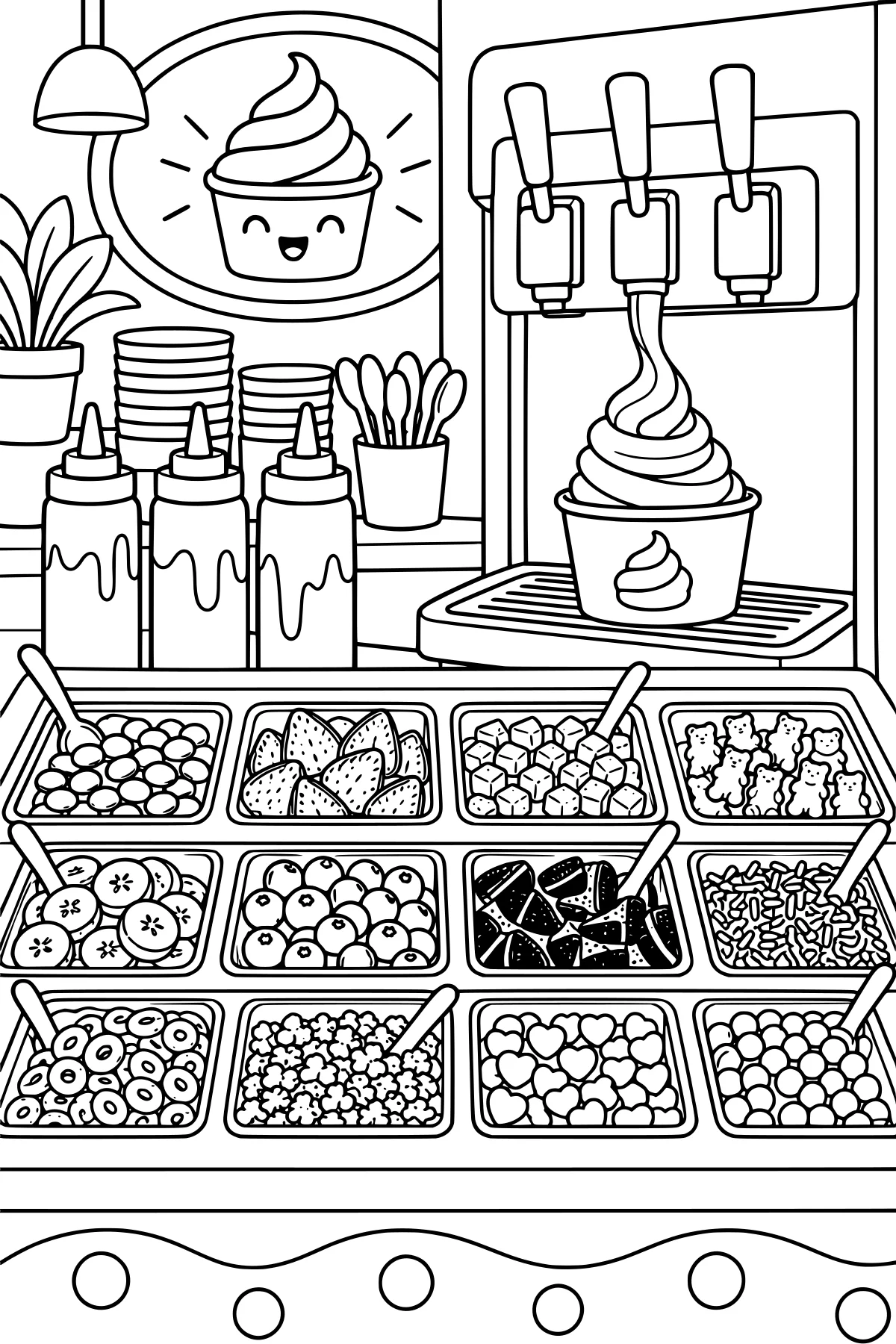 Frozen yogurt machine filling a cup behind a toppings bar with fruit, candies, sprinkles, squeeze bottles, bowls, spoons, and a potted plant.