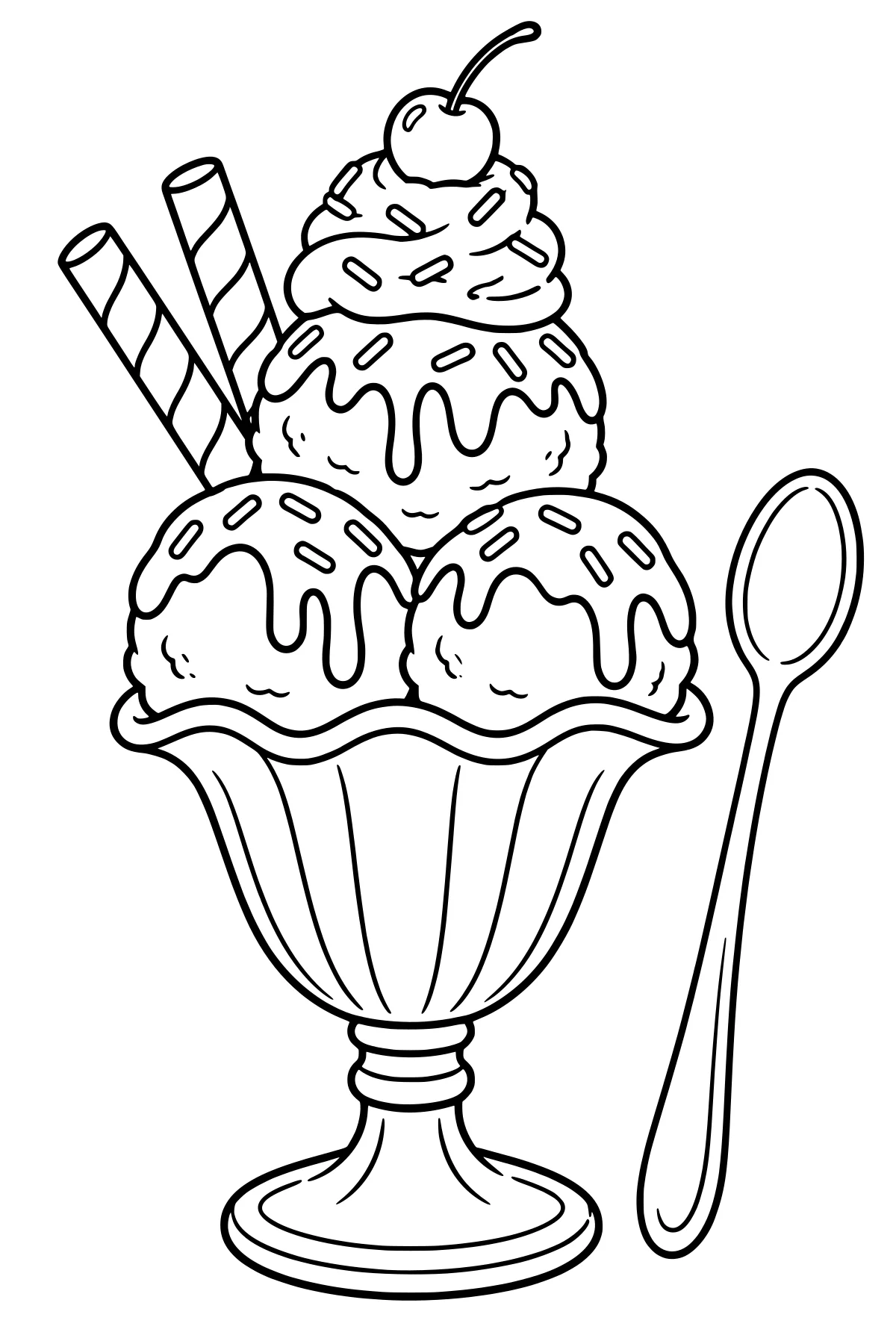 Tall sundae in a fluted glass with ice cream scoops, dripping syrup, sprinkles, swirled cream, a cherry, striped wafer rolls, and a long spoon.