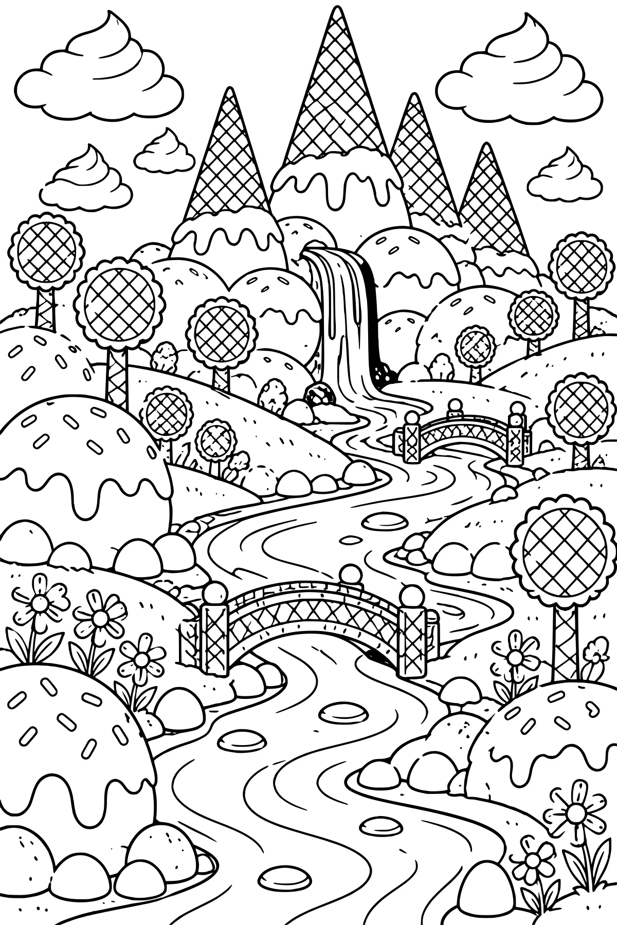 Winding river and waterfall among ice cream hills, waffle-cone peaks, arched bridges, lattice-topped trees, rocks, flowers, and whipped-cream clouds.