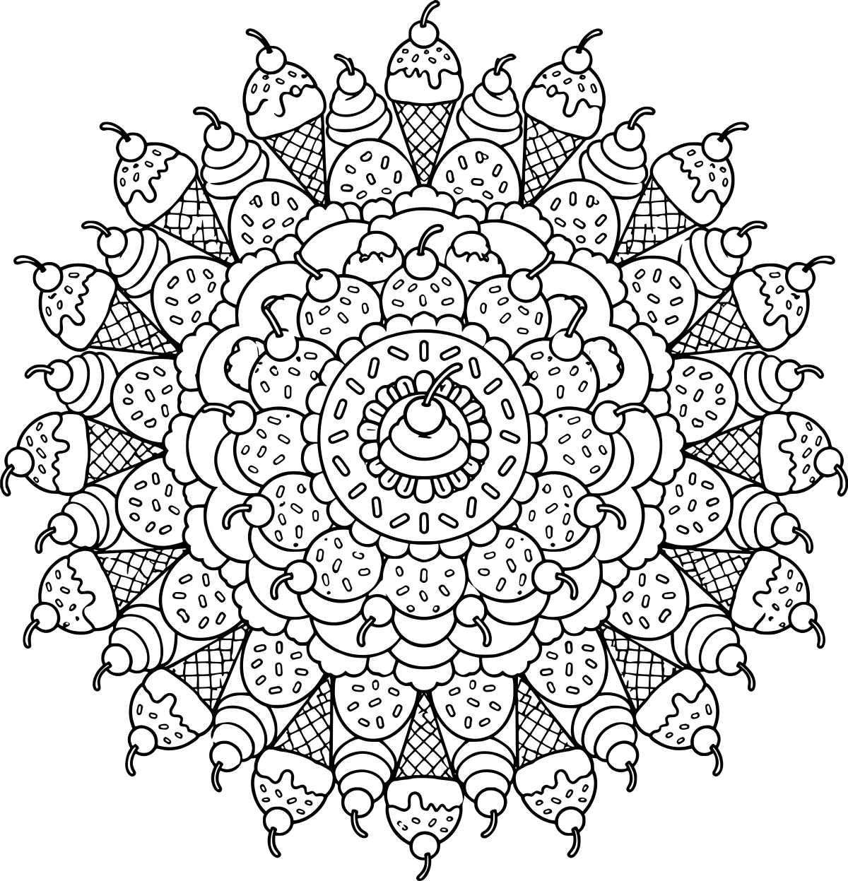 Black-and-white dessert mandala with ice cream swirls, waffle cones, strawberries, cherries, sprinkles, scalloped bands, and a central frozen treat.