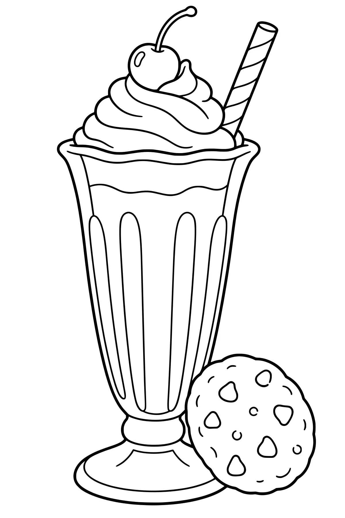 Tall fluted milkshake glass topped with whipped cream, a stemmed cherry, and a striped straw, with a round cookie leaning against the pedestal base.