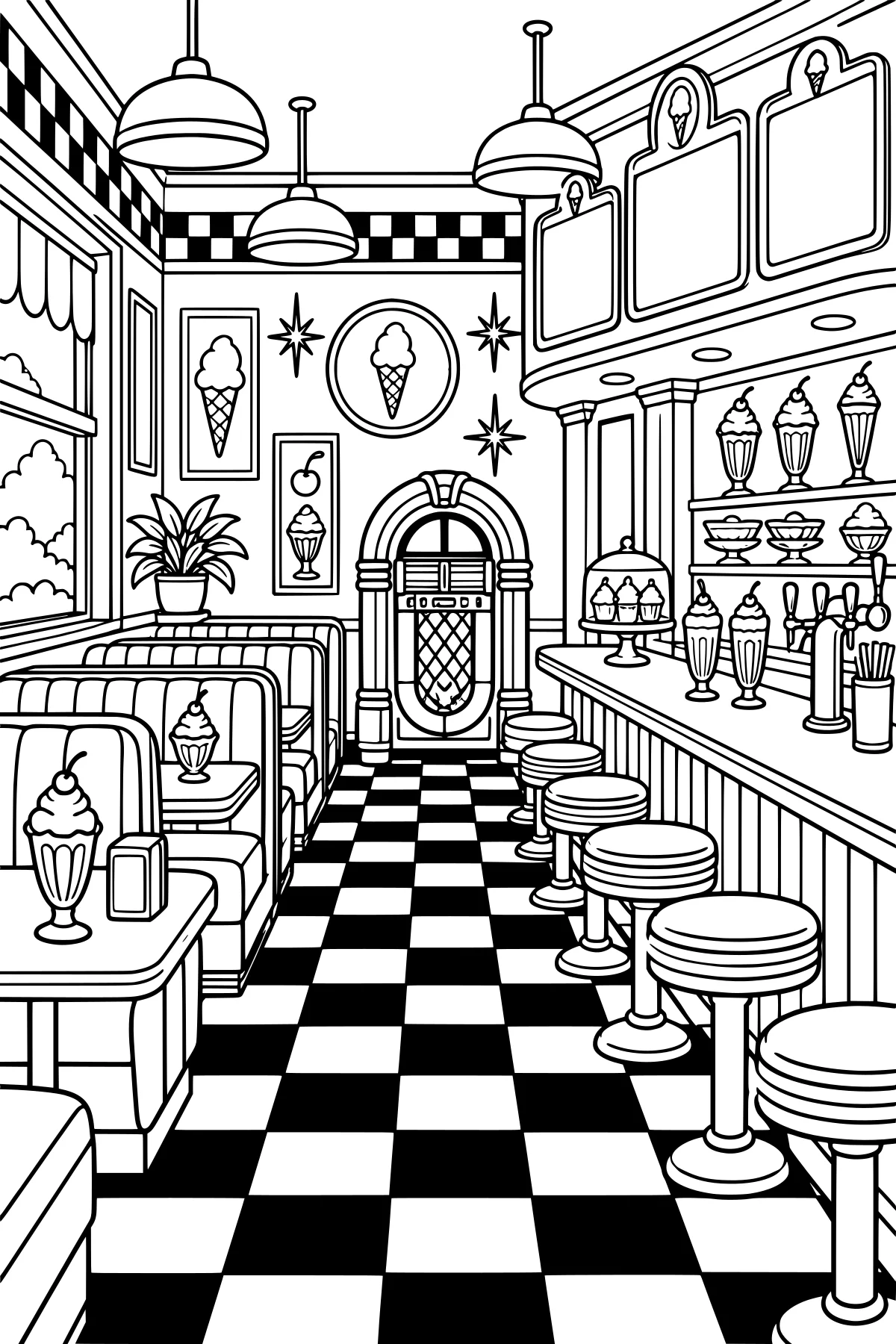 Line art of an ice cream parlor with striped booths, a long counter, round stools, sundae glasses, hanging lamps, framed dessert art, a jukebox, and a checkerboard floor.