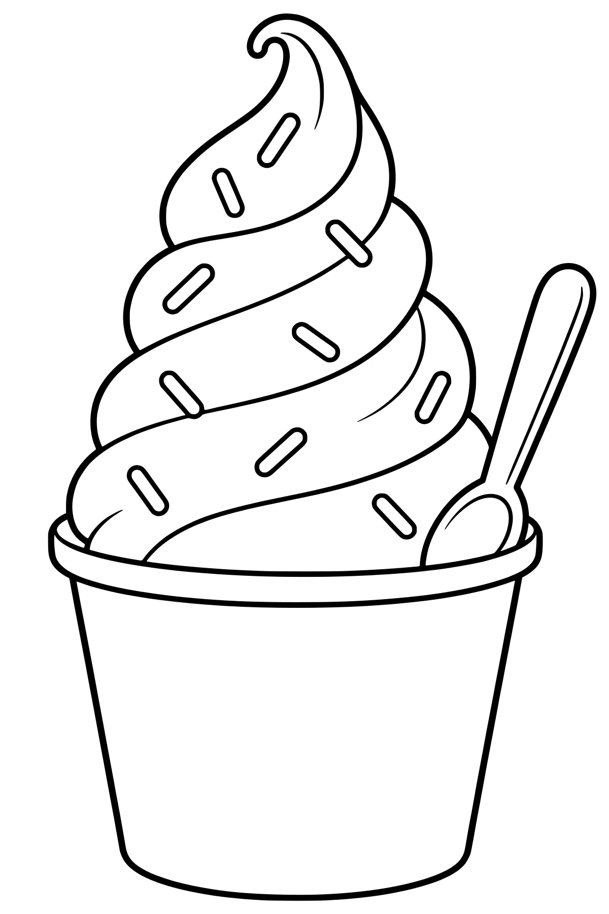Tall swirled soft serve with oblong sprinkles in a wide dessert cup, accompanied by a long spoon.