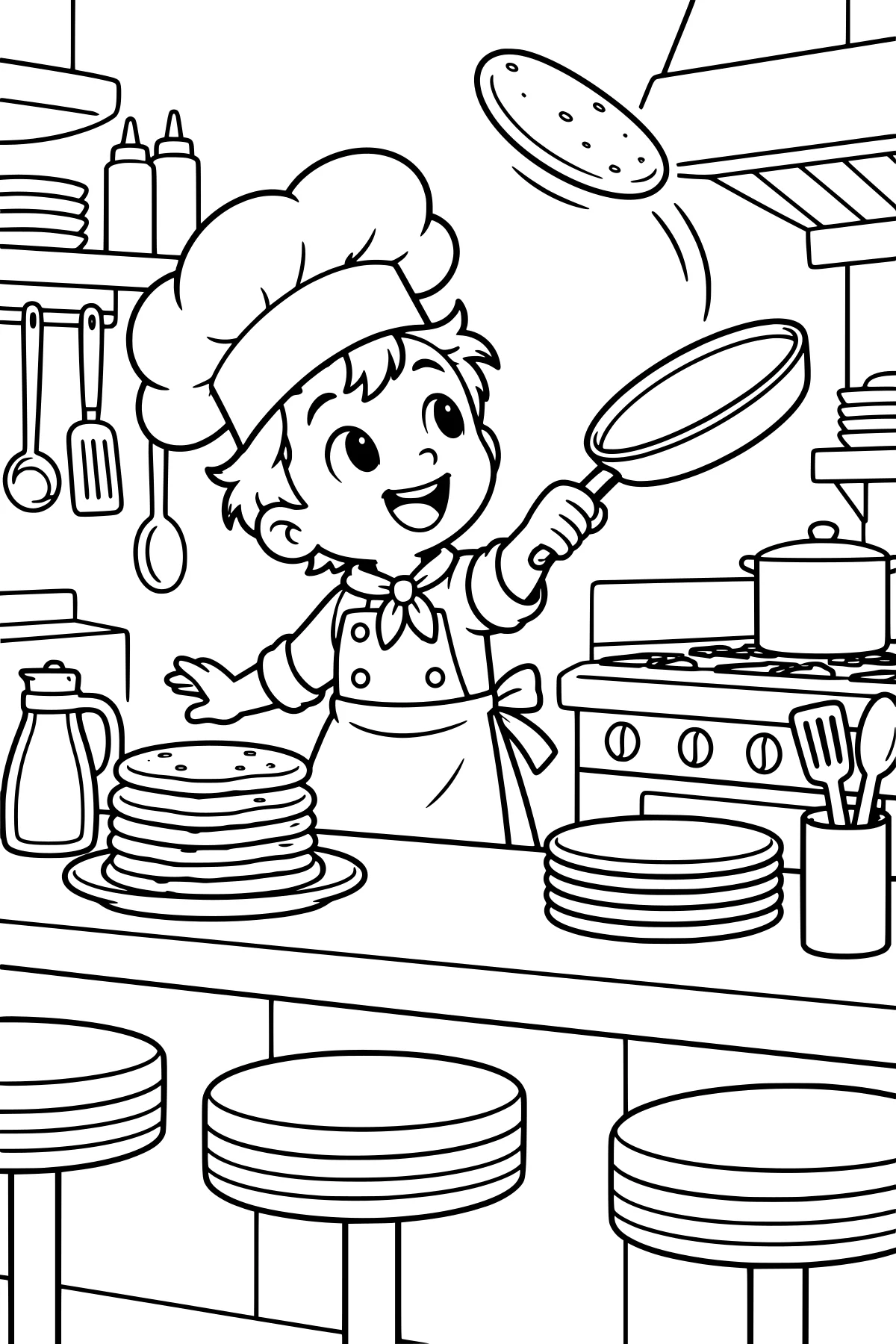 Chef character flipping pancake above stove with stacks of pancakes nearby