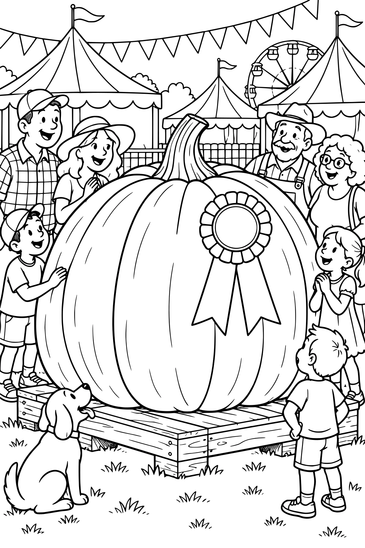 Giant pumpkin with a prize ribbon on a wooden platform, surrounded by fair visitors and a dog, with tents, bunting, flags, and a Ferris wheel behind them.