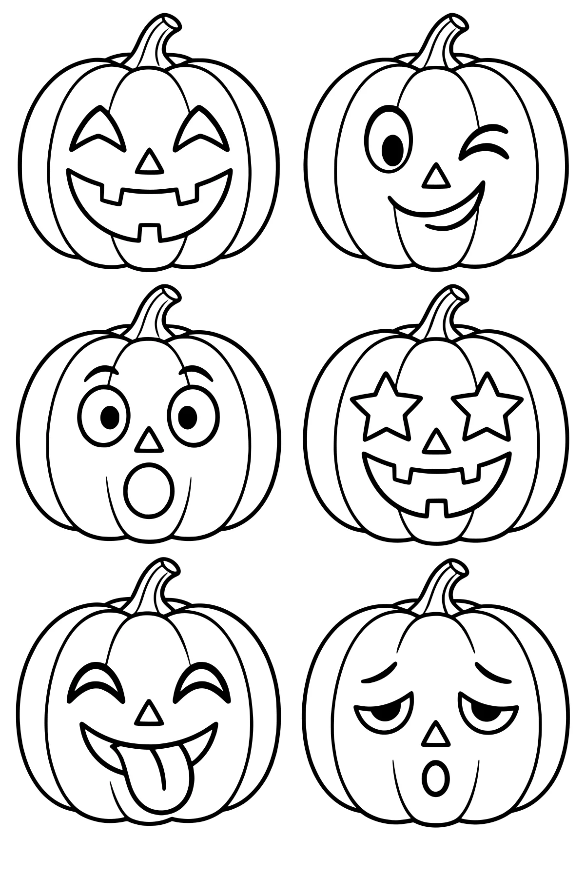 Black-and-white line art of six pumpkins in rows with varied faces, including triangle eyes, a wink, star-shaped eyes, wide smiles, a tongue, and round open mouths.