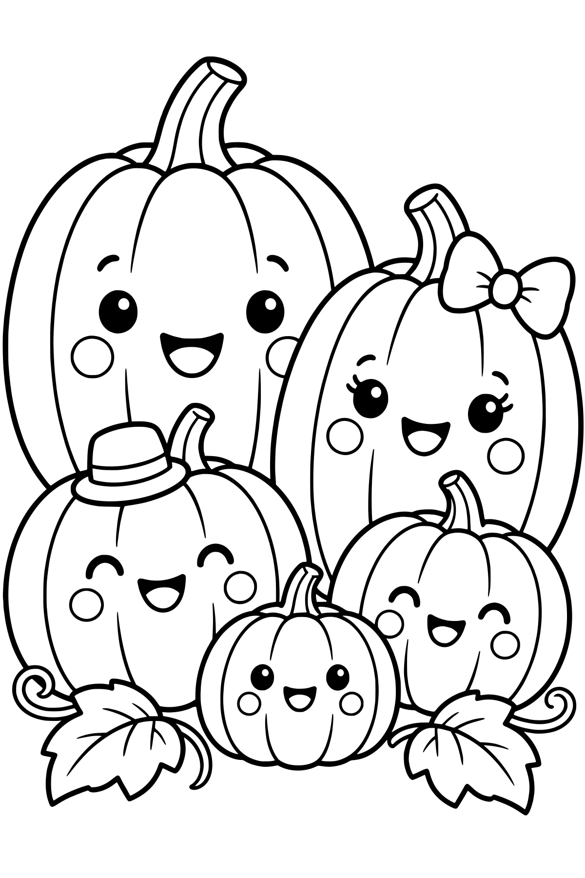 Group of smiling pumpkins with rounded sections, curved stems, a brimmed hat, a large bow, curling vines, and broad leaves.