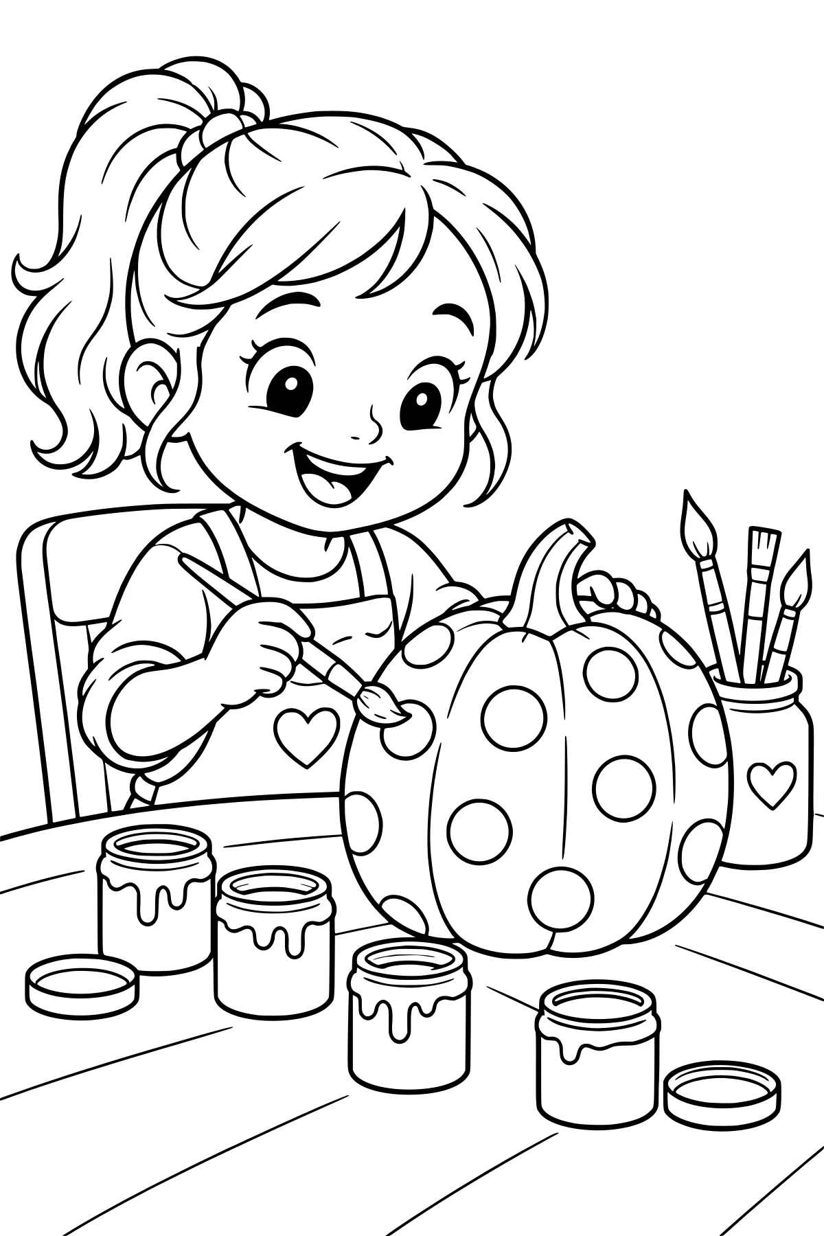 Kid seated at a table painting round spots on a large pumpkin, with open paint jars, lids, and a heart-marked brush holder nearby.