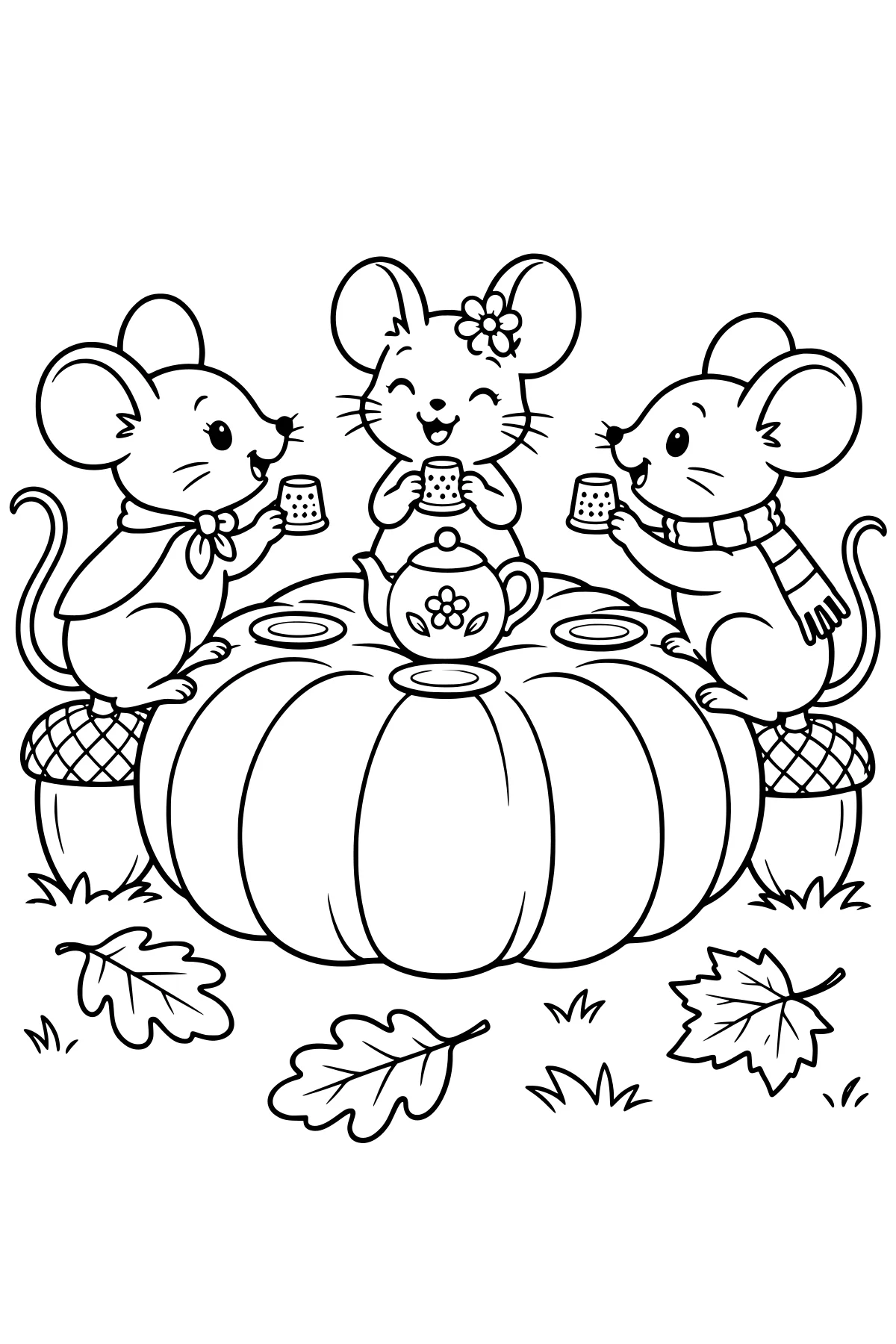 Mice holding patterned teacups around a flower-decorated teapot on a large pumpkin, with acorn stools and fallen leaves.